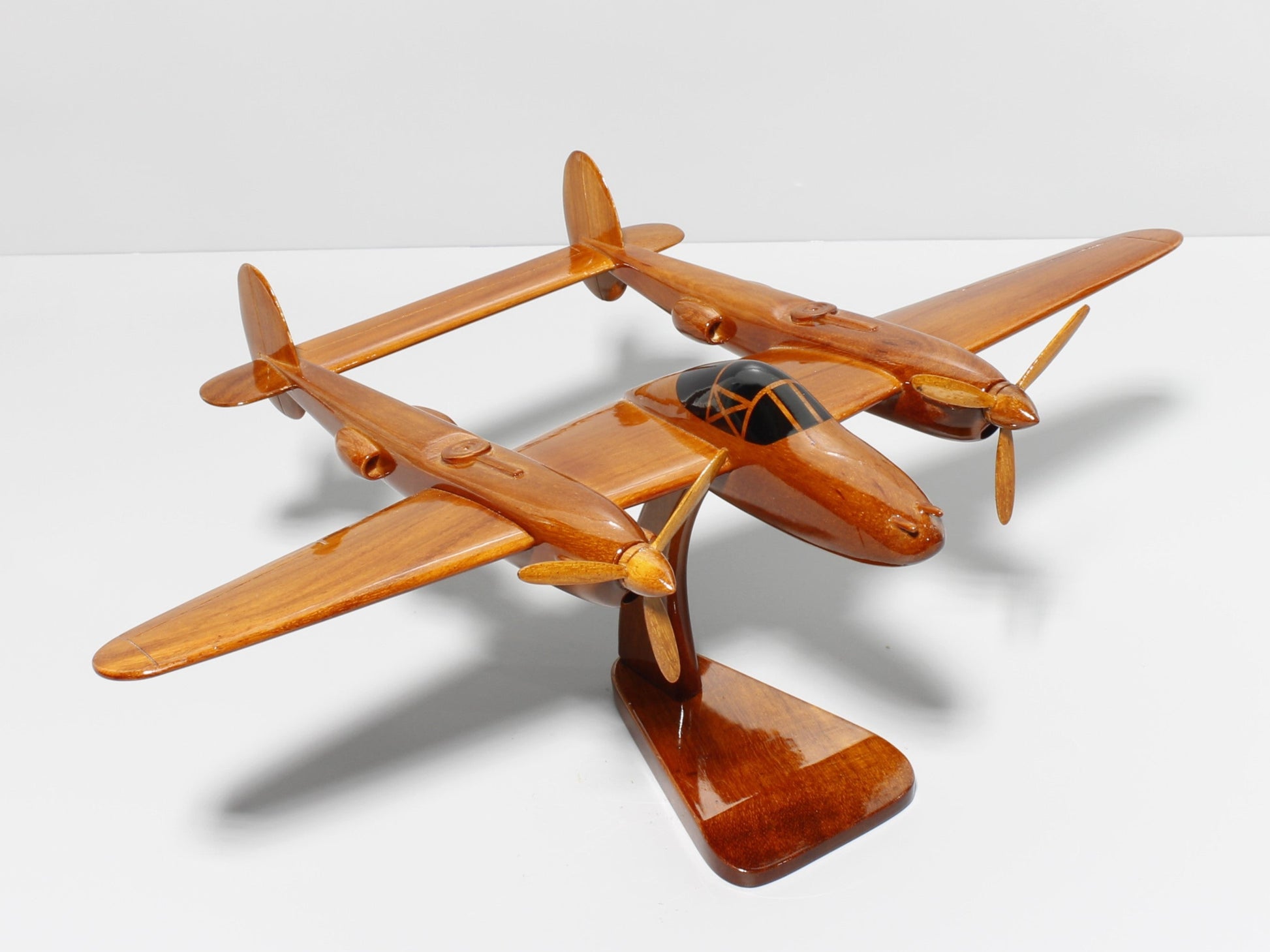 P-38 wooden model airplane with display stand