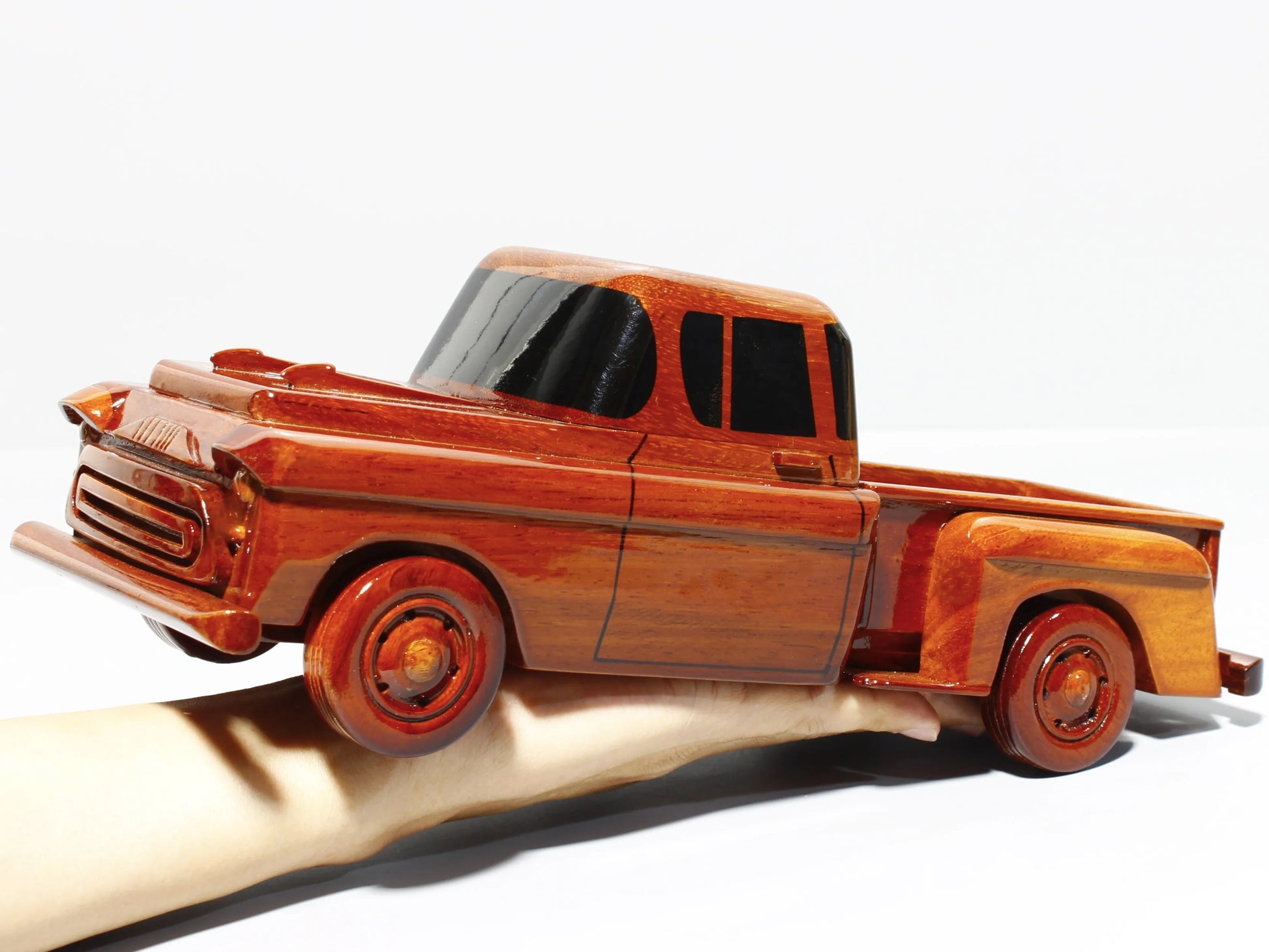 Handcrafted Ford 1957 wood model – front details and hood scoop