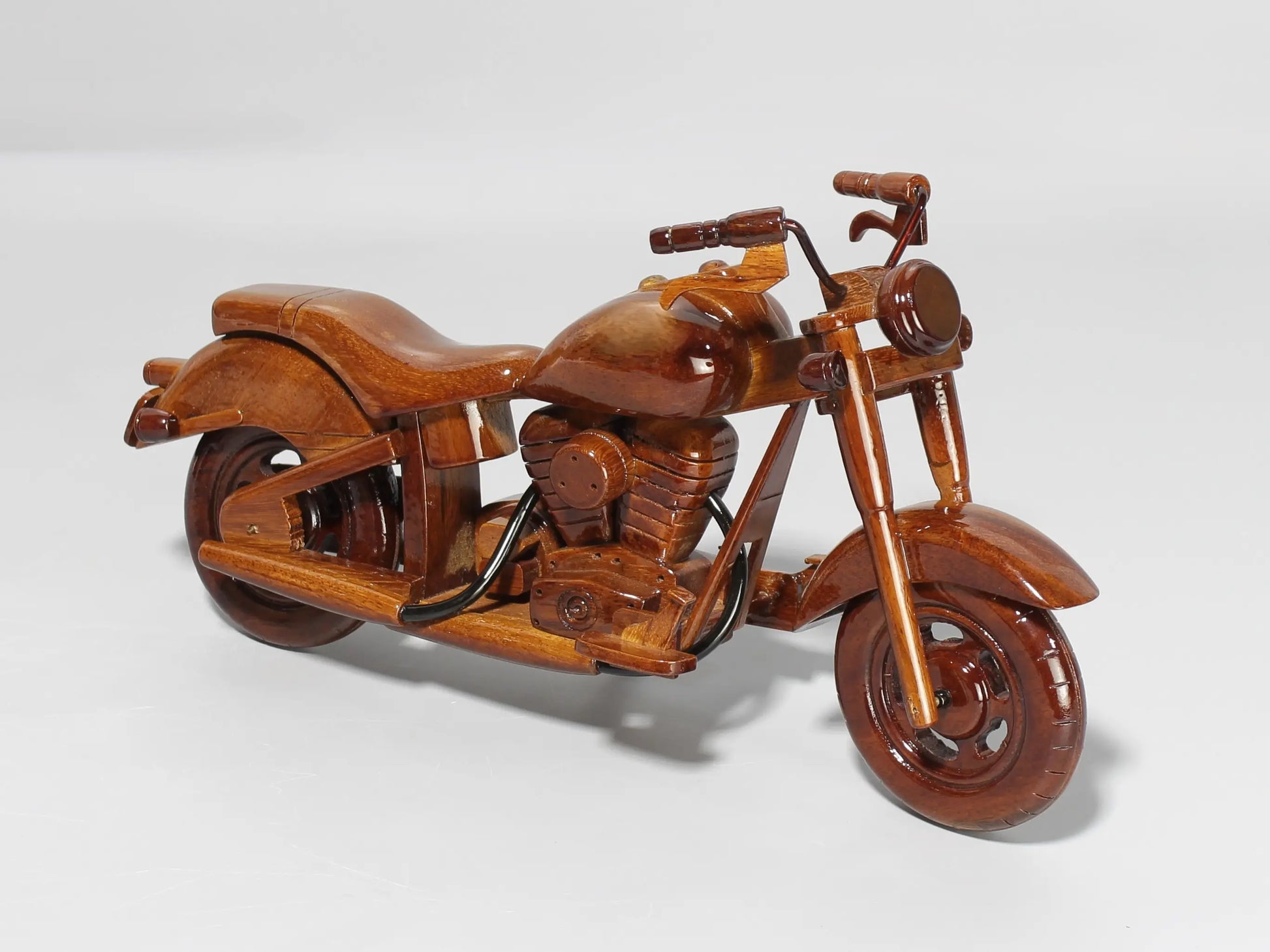 front diagonal shot of Harley FX wooden model bike – artisan made