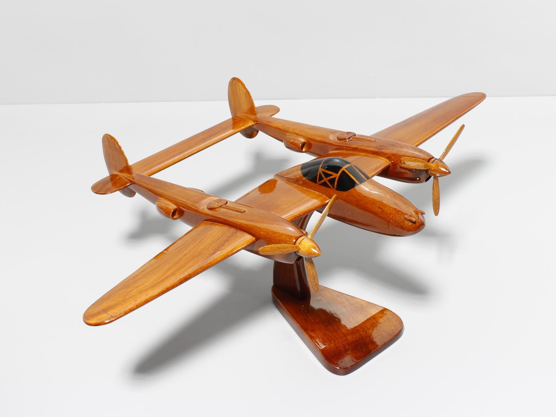 P-38 wooden model airplane with display stand