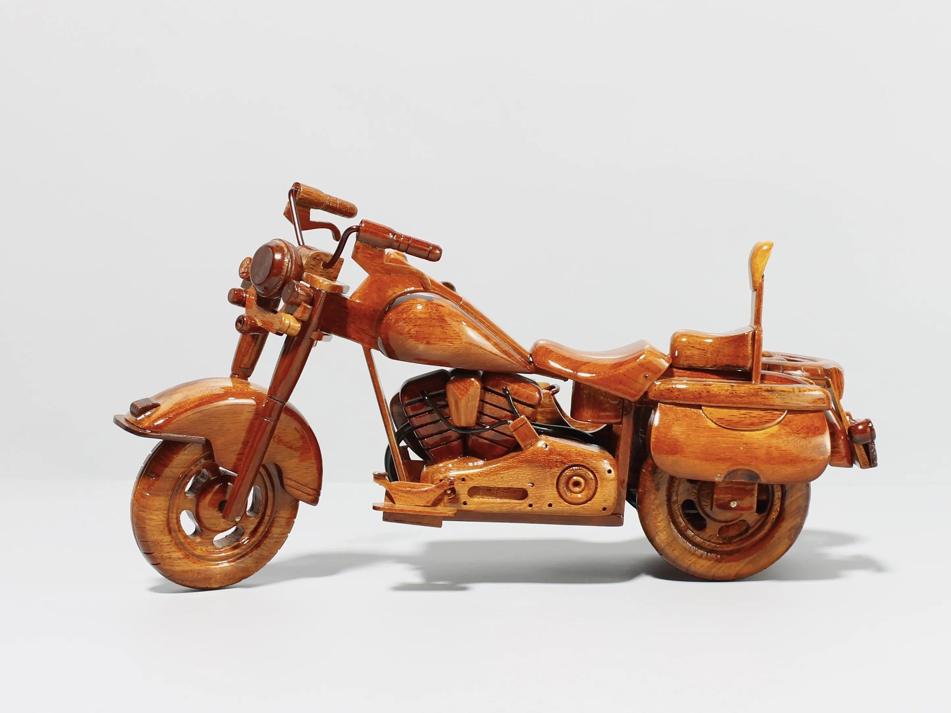 Side profile of Harley sidecar wood model – handcrafted 3-wheel motorcycle display