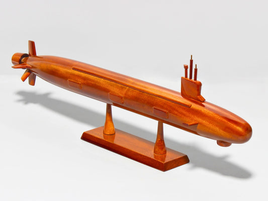 Front angle view of Virginia-class submarine wood model on display stand