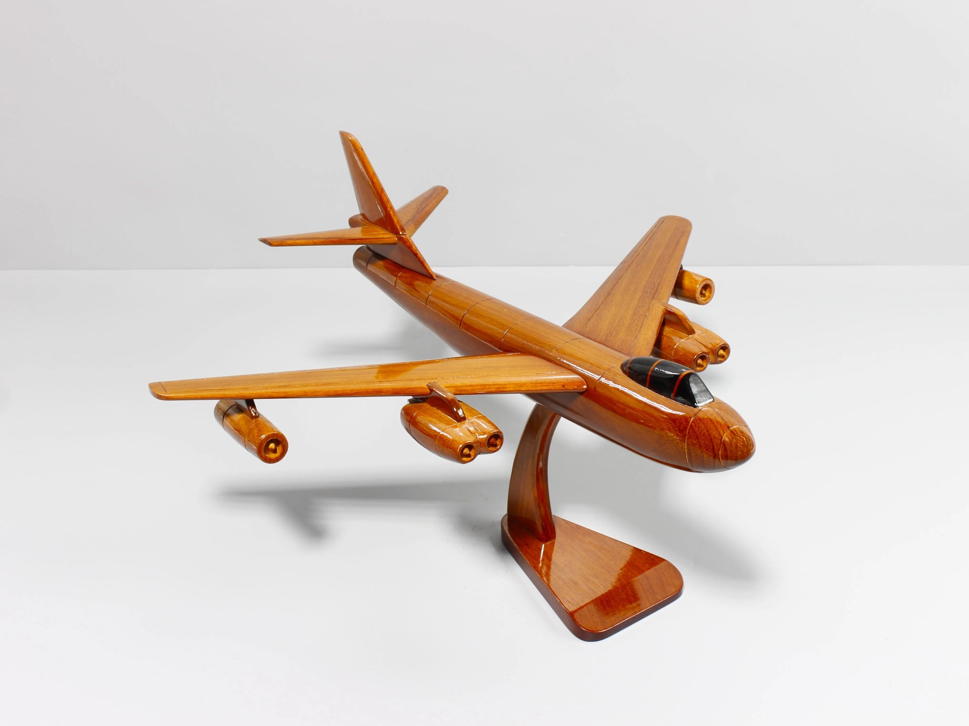 Mahogany B-47 wood airplane model with detachable landing gear – rear view