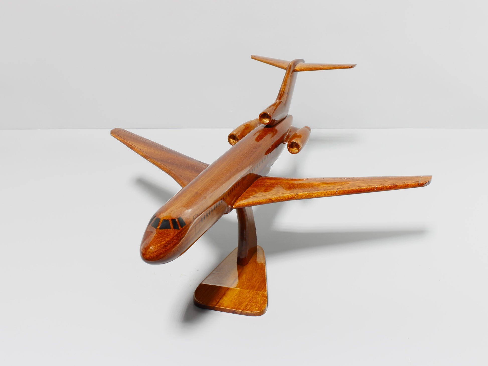 Boeing 727 mahogany wood model – front angle view with stand