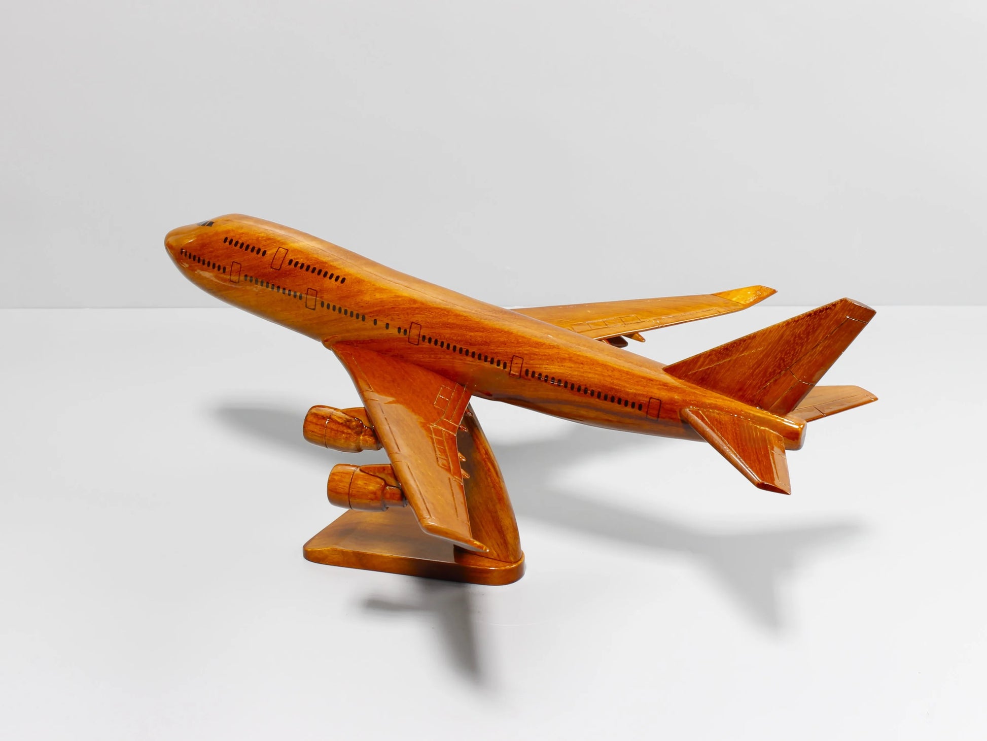 Hand-carved Boeing 747 replica in mahogany wood – rear left angle