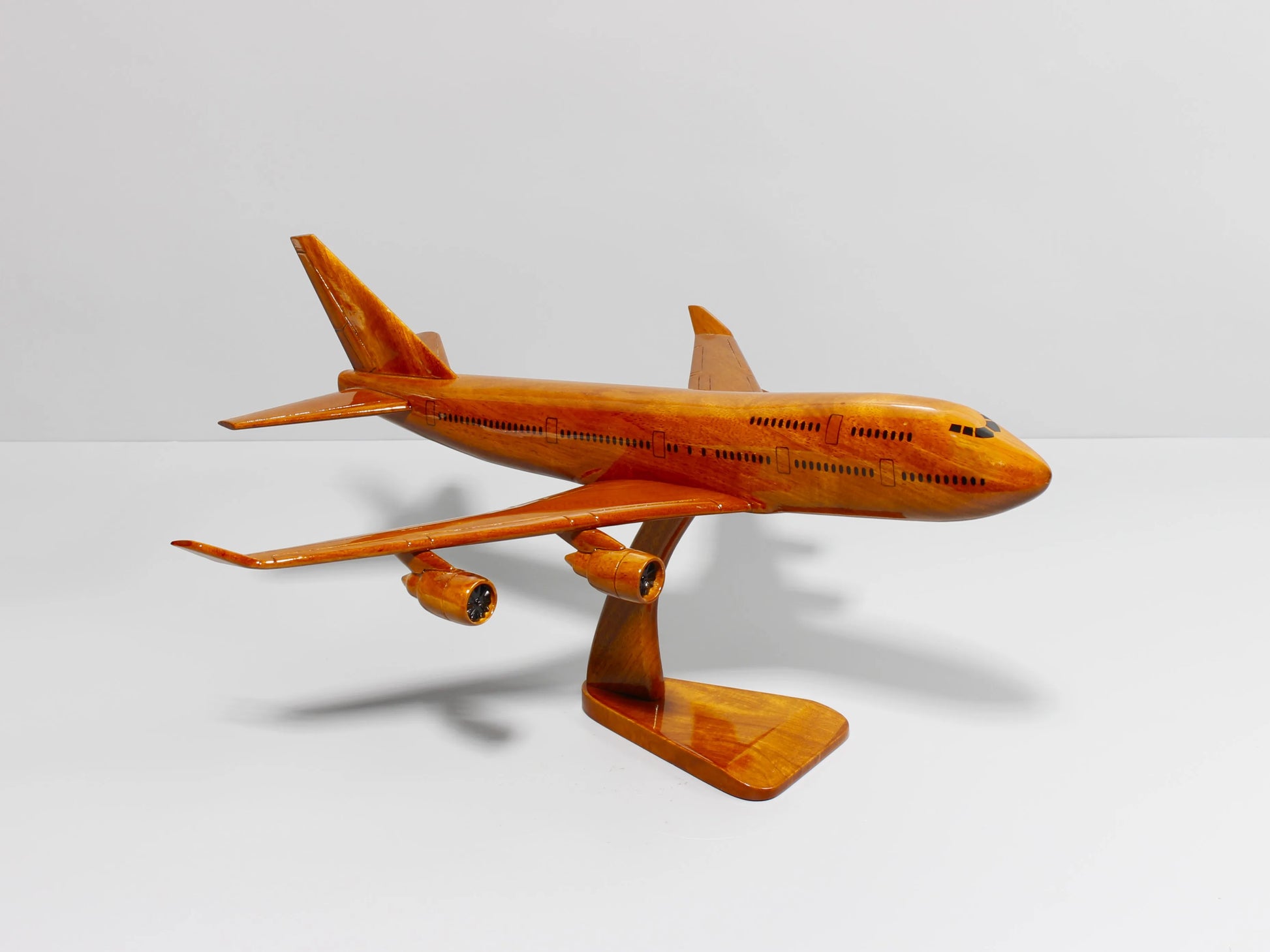 Boeing 747 airplane replica in flying stance – handmade wood craftsmanship