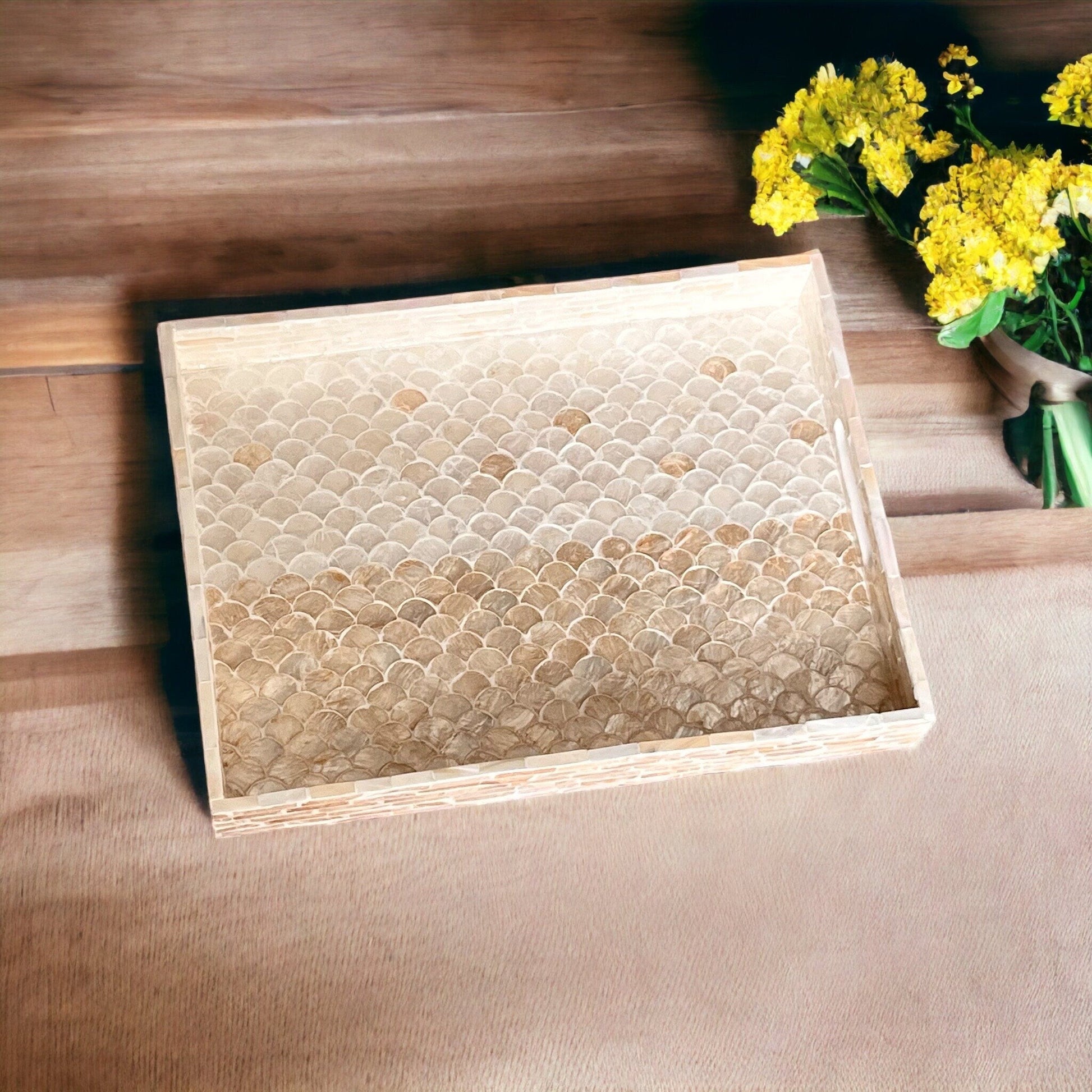 Capiz Shell Inlay Serving Tray, White and Gold Mermaid PatternBBDecorHouse