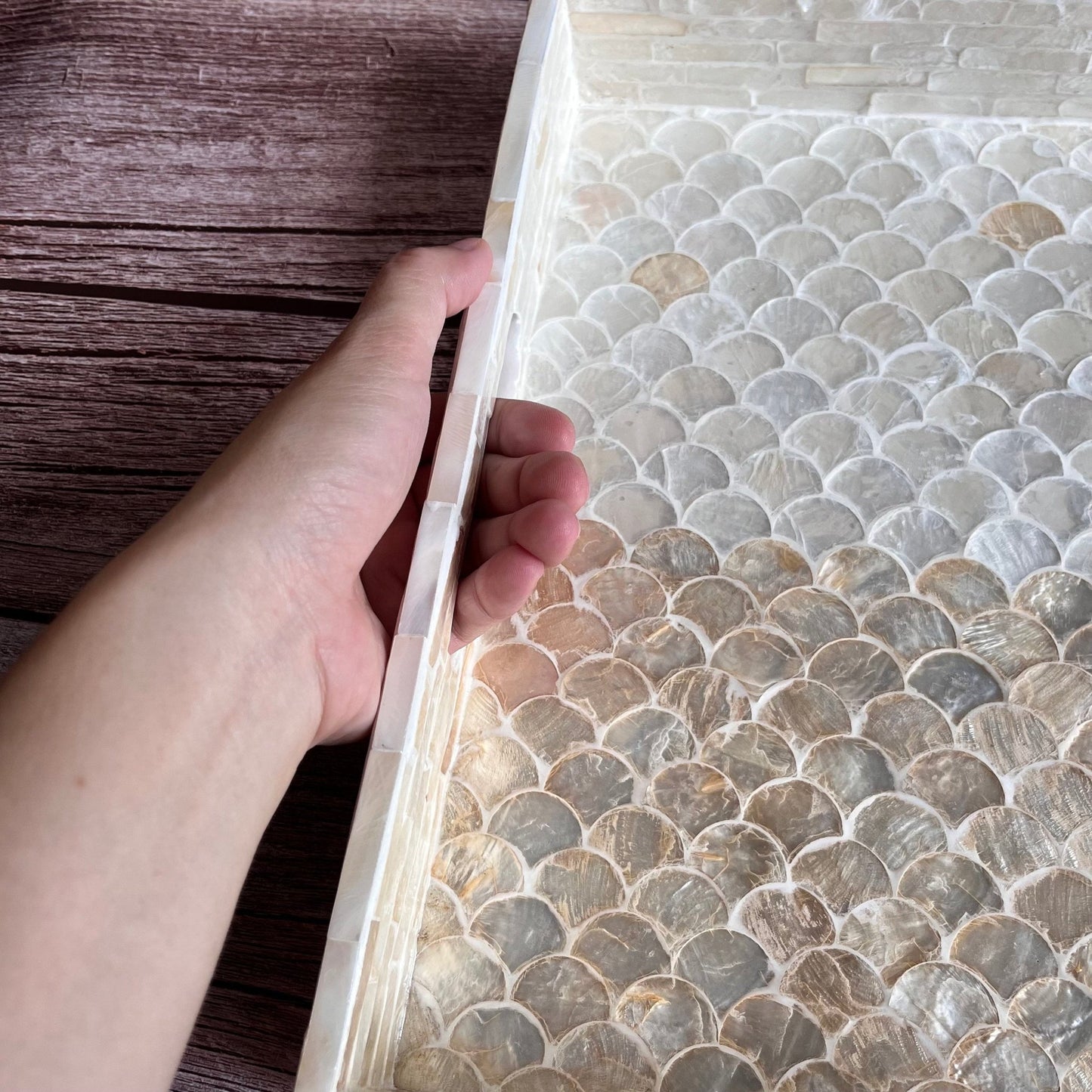 Capiz Shell Inlay Serving Tray, White and Gold Mermaid PatternBBDecorHouse