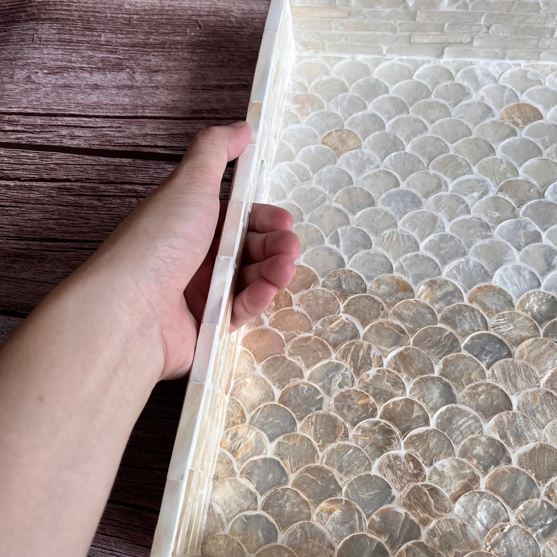 Capiz Shell Inlay Serving Tray, White and Gold Mermaid PatternBBDecorHouse