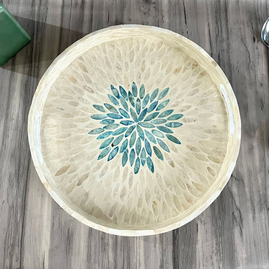 Capiz Shell Round Serving Tray, Ivory and Blue Leaves Pattern