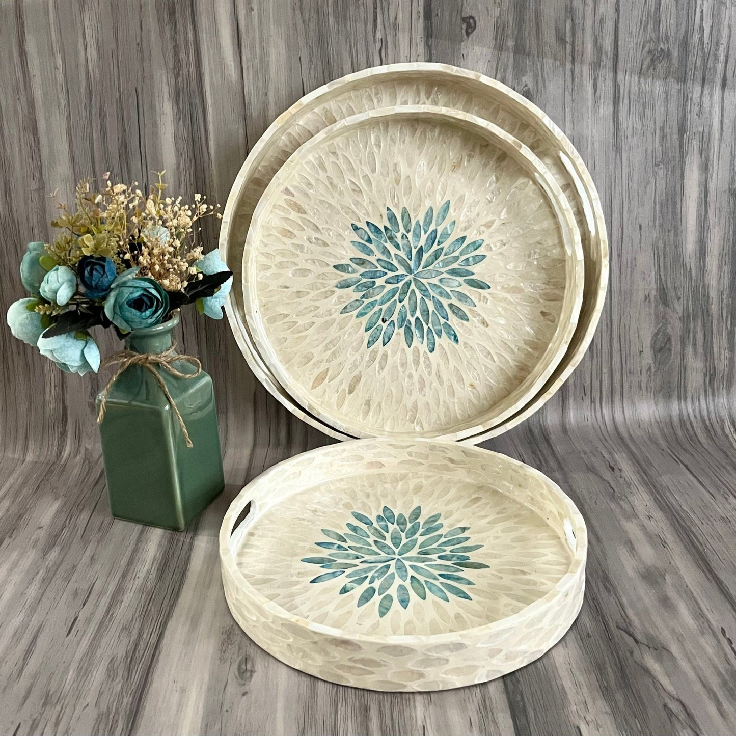 Capiz Shell Round Serving Tray, Ivory and Blue Leaves Pattern