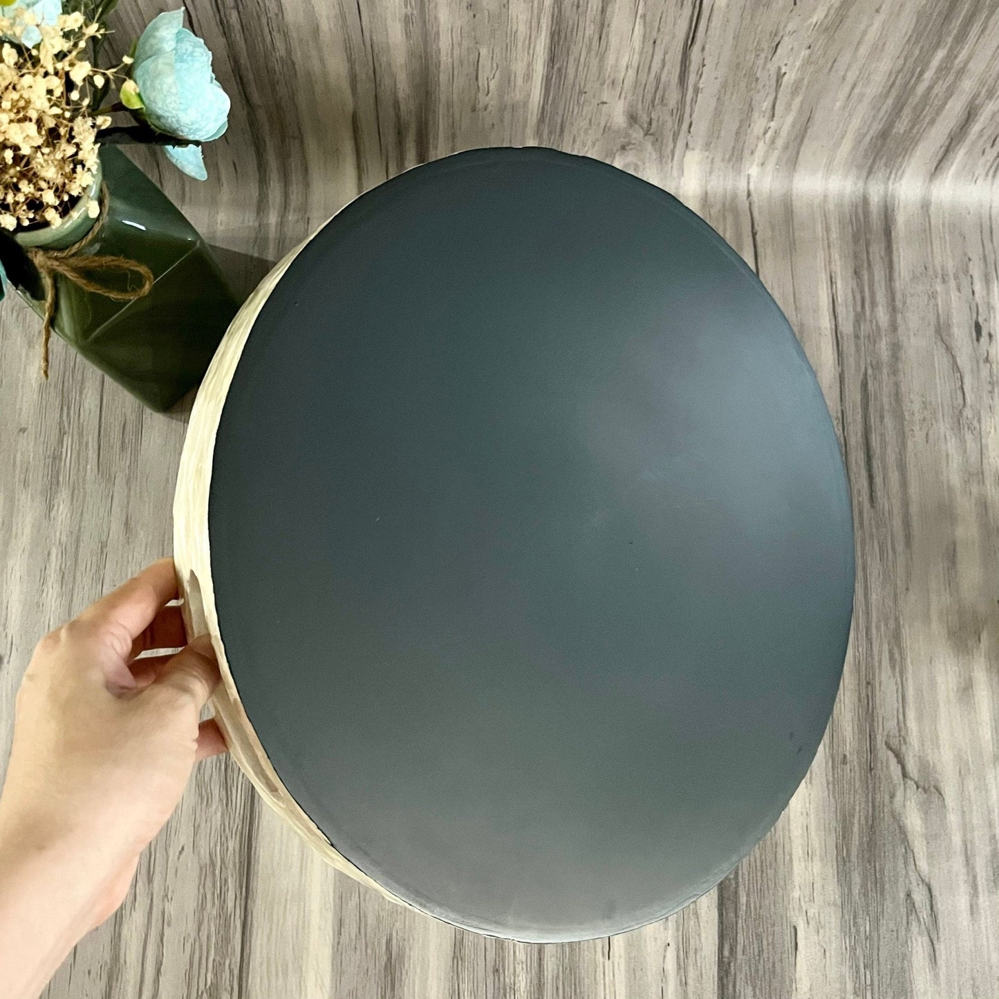 Capiz Shell Round Serving Tray, Ivory and Blue Leaves Pattern