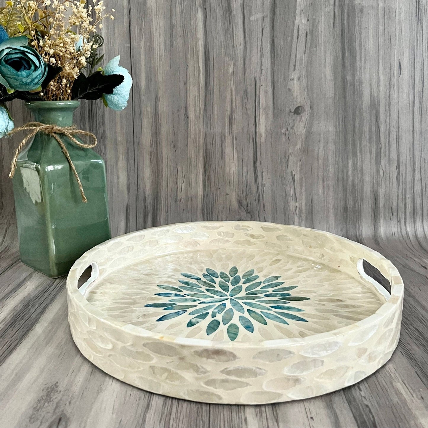 Capiz Shell Round Serving Tray, Ivory and Blue Leaves Pattern