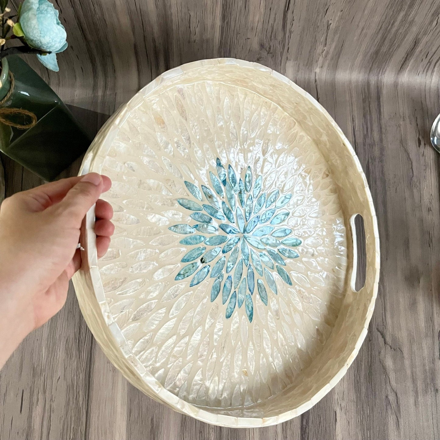 Capiz Shell Round Serving Tray, Ivory and Blue Leaves Pattern
