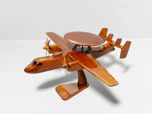 Front view of E-2C Hawkeye navy wood model aircraft with radar dome and twin propellers