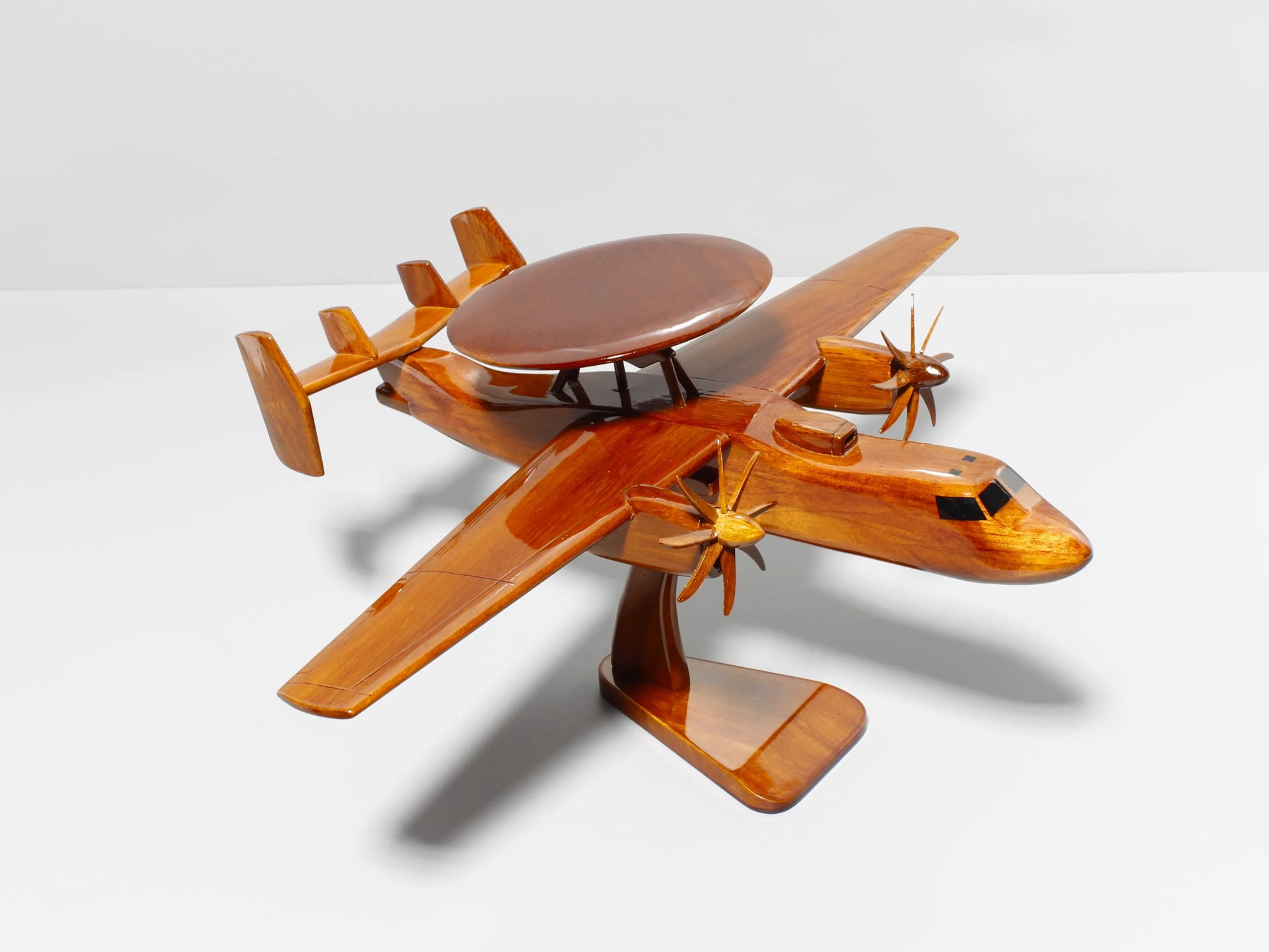 Diagonal top view of handcrafted E-2C Hawkeye surveillance plane wood model on stand – Premiumwoodart