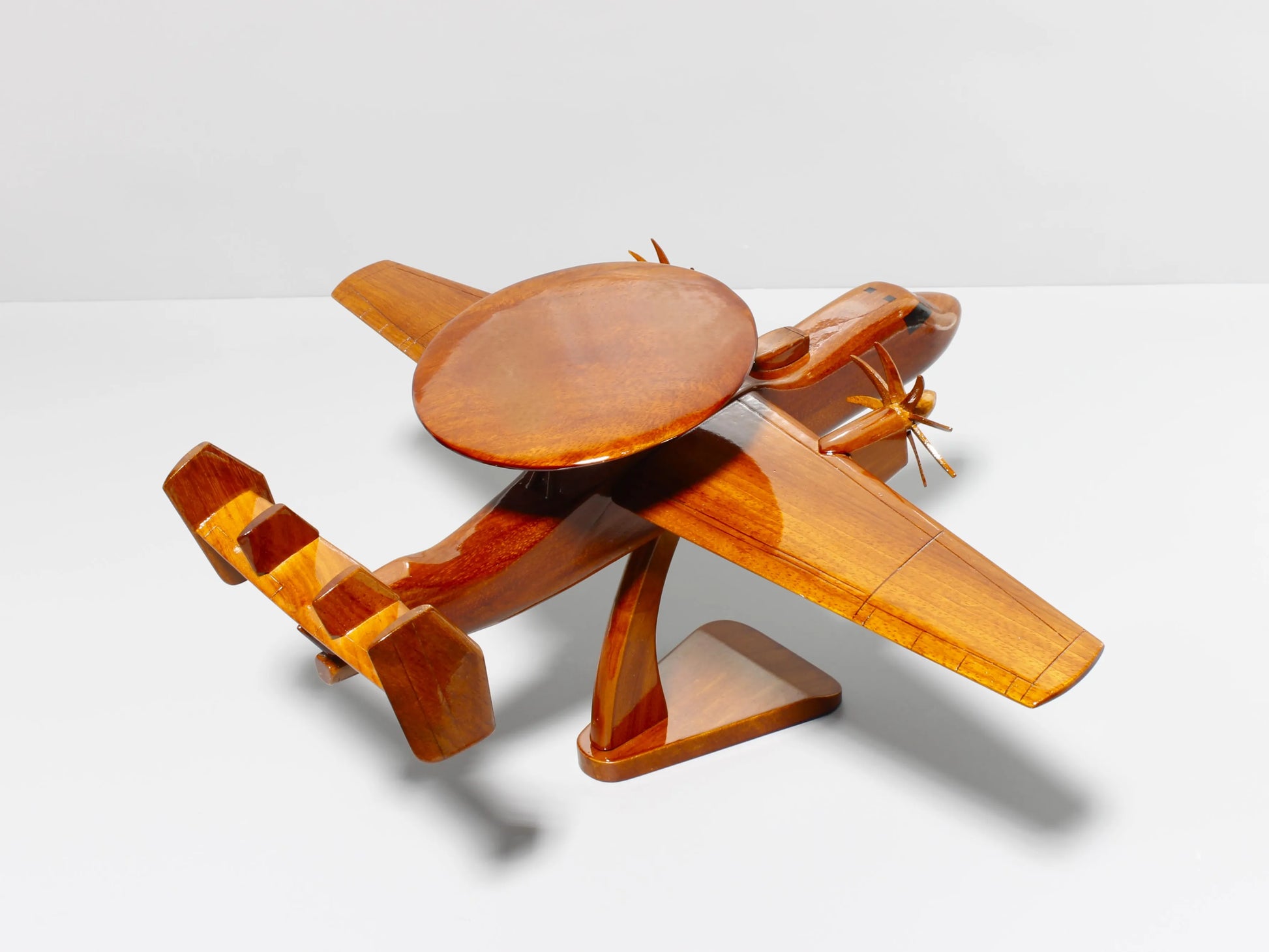 Rear angled view of E-2C Hawkeye rotodome wood model with tail and propellers – Premiumwoodart