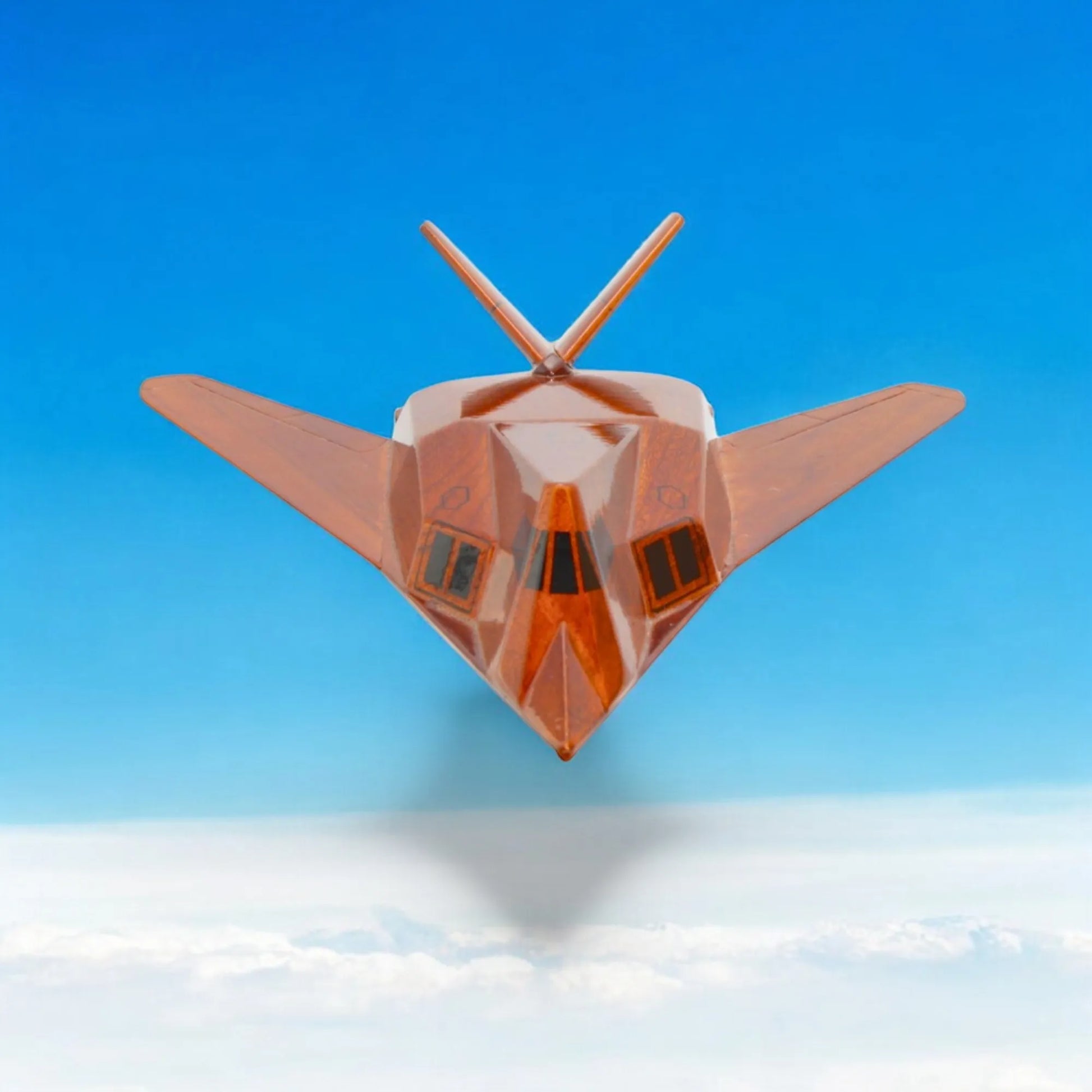 Front angle of F-117 stealth jet wood model above cloud background