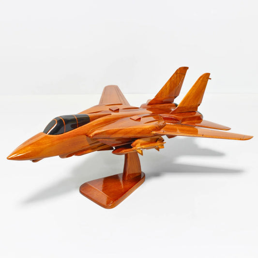 Detailed angle of handcrafted F-14 Tomcat wood model with realistic features