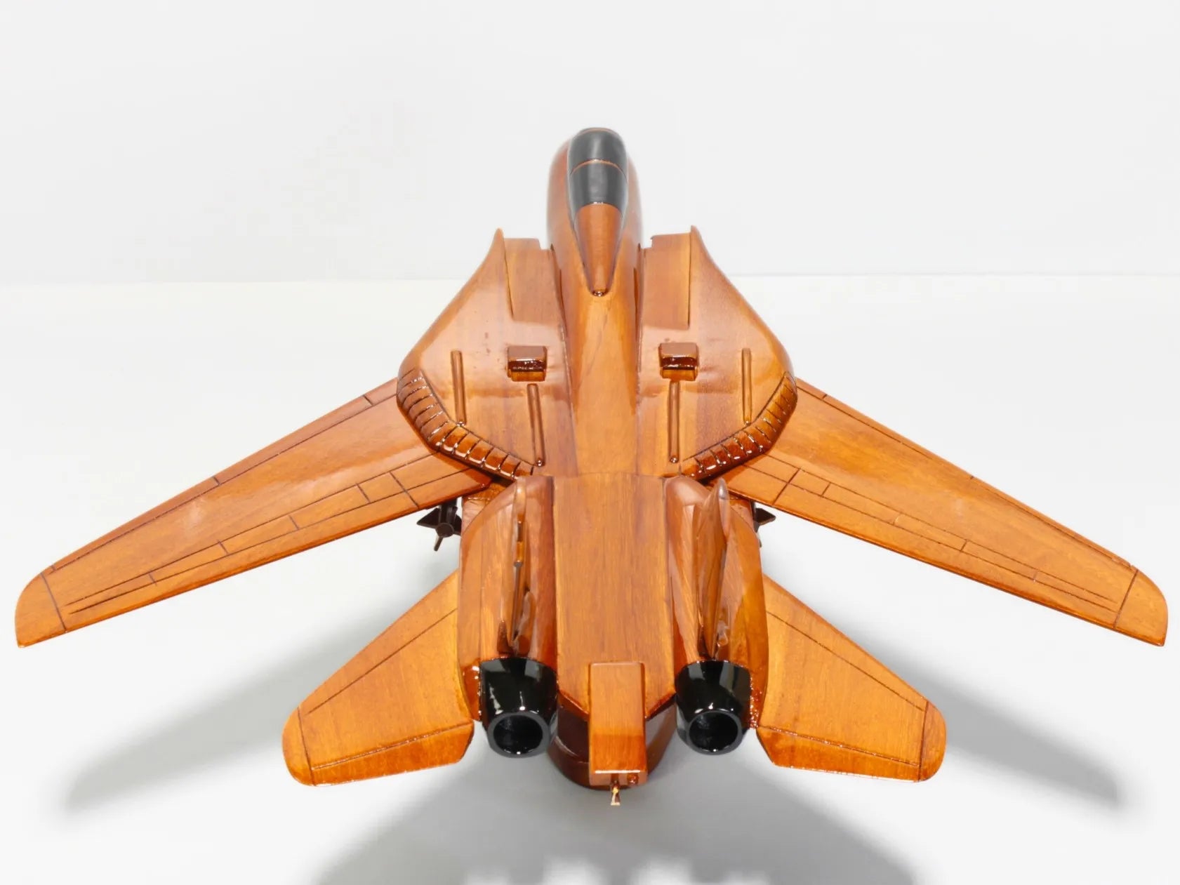 Tail view of F-14 Tomcat wooden model fighter jet with twin stabilizers – Premiumwoodart