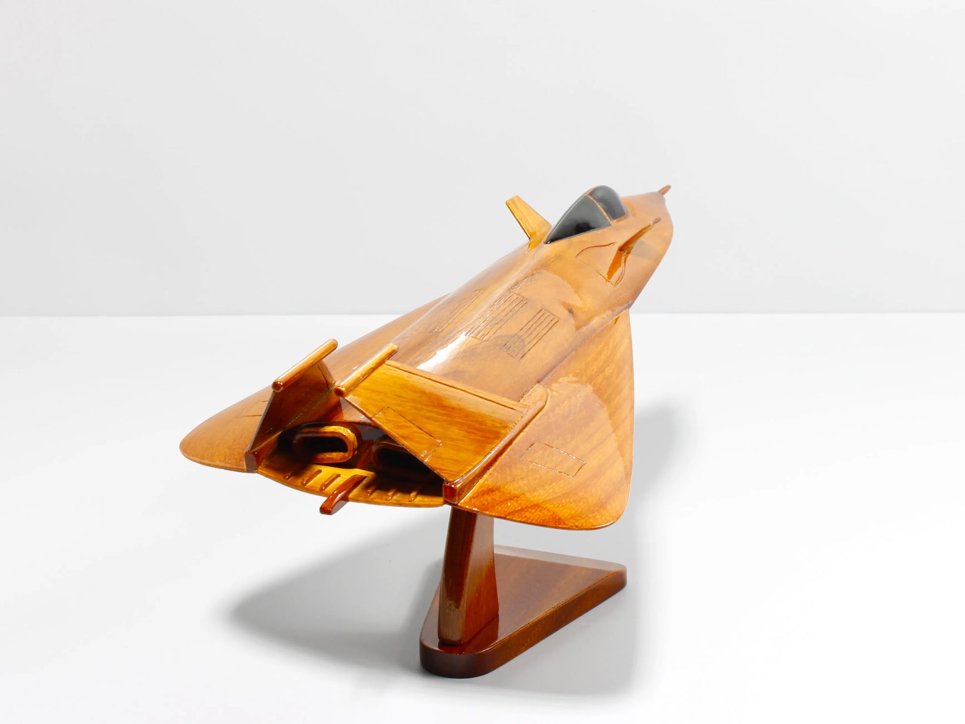 Rear detail of F-19 wooden model with visible twin-engine nozzles