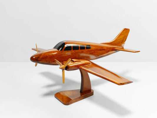 Side angle of G58 Baron handcrafted wooden airplane model on display – Premiumwoodart