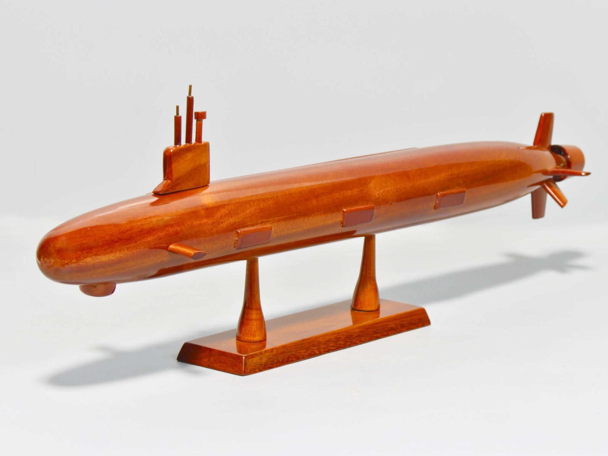 Full view of handcrafted USS Virginia submarine with display base