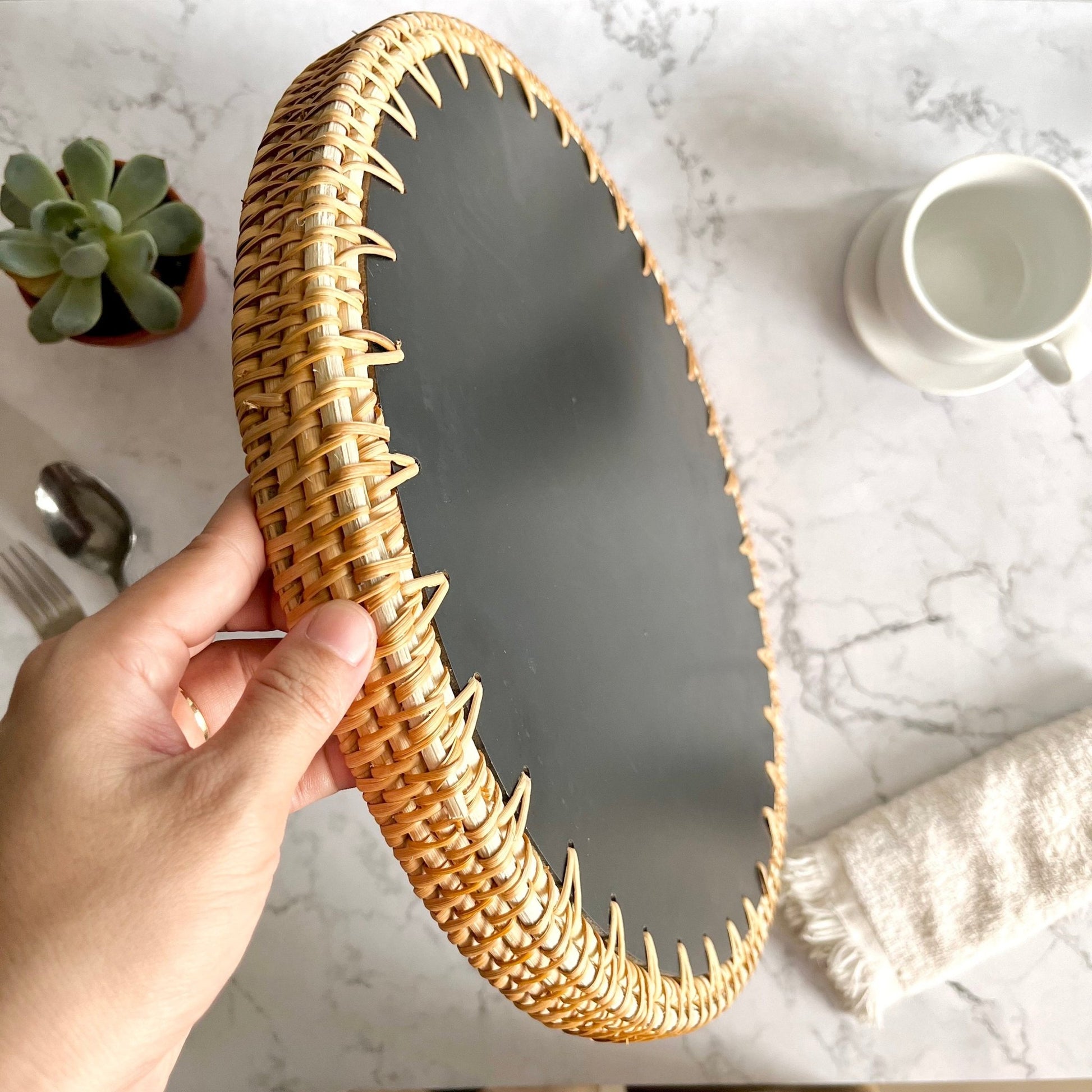 Handwoven Rattan Capiz Shell inlay Round Decorative Tray, Black Mandala PatternBBDecorHouseDiameter 11.8