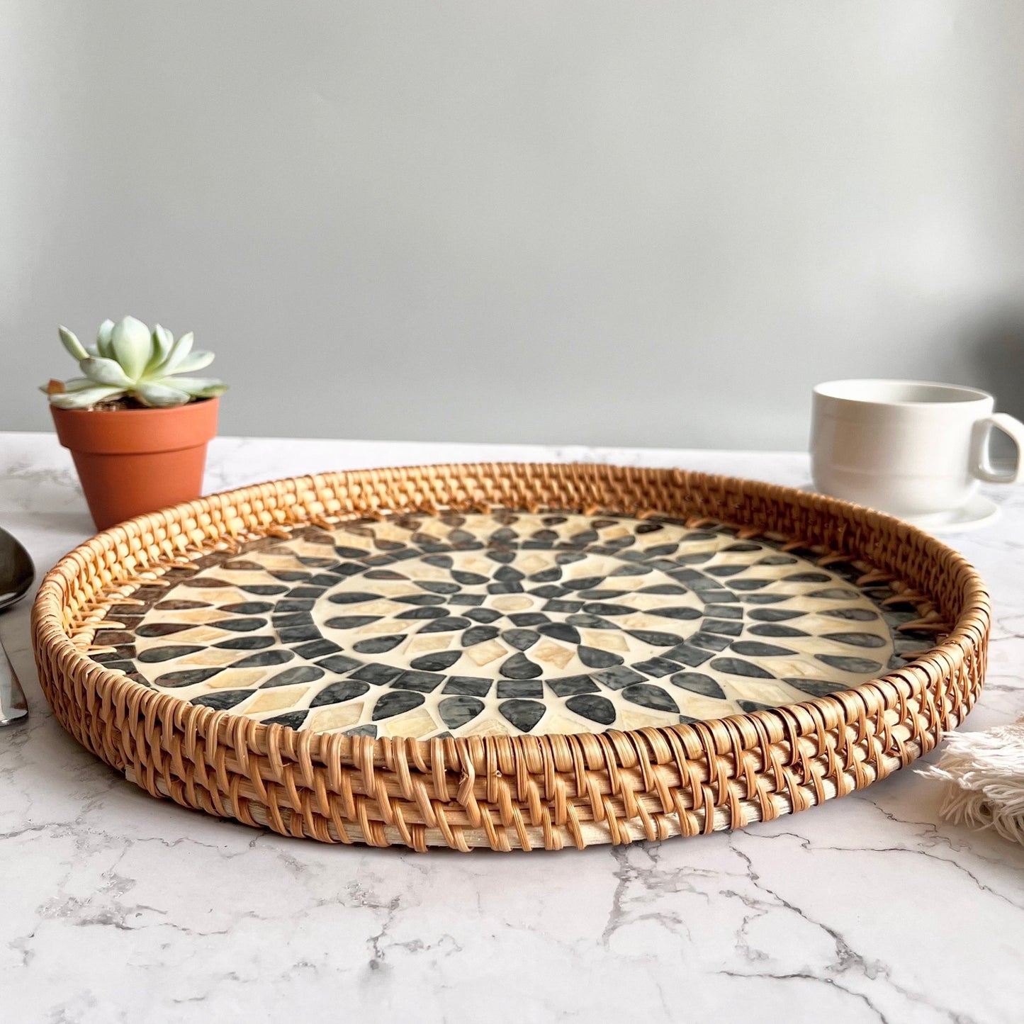 Handwoven Rattan Capiz Shell inlay Round Decorative Tray, Black Mandala PatternBBDecorHouseDiameter 11.8