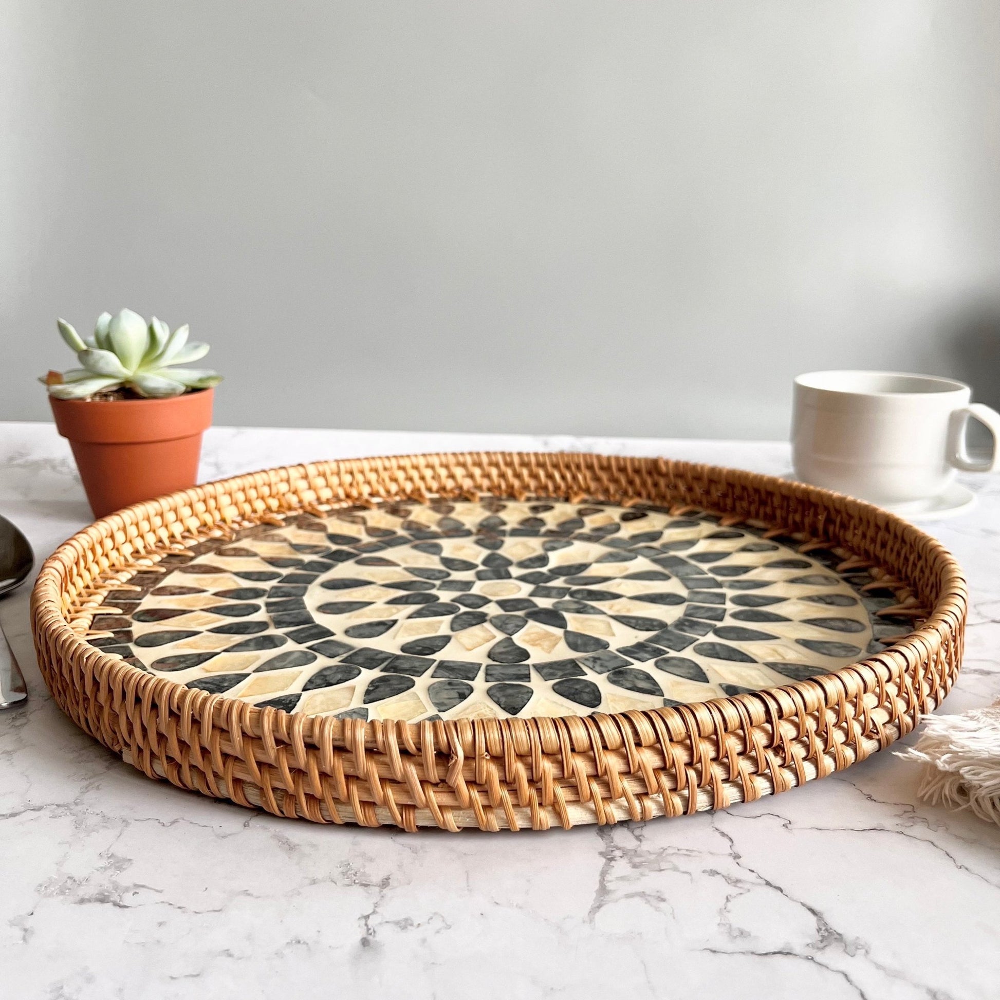 Handwoven Rattan Capiz Shell inlay Round Decorative Tray, Black Mandala PatternBBDecorHouseDiameter 11.8