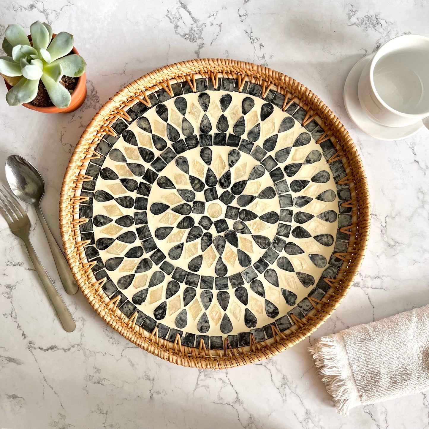 Handwoven Rattan Capiz Shell inlay Round Decorative Tray, Black Mandala PatternBBDecorHouseDiameter 11.8