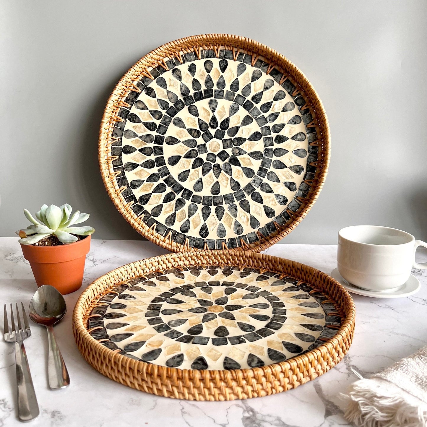 Handwoven Rattan Capiz Shell inlay Round Decorative Tray, Black Mandala PatternBBDecorHouseDiameter 11.8