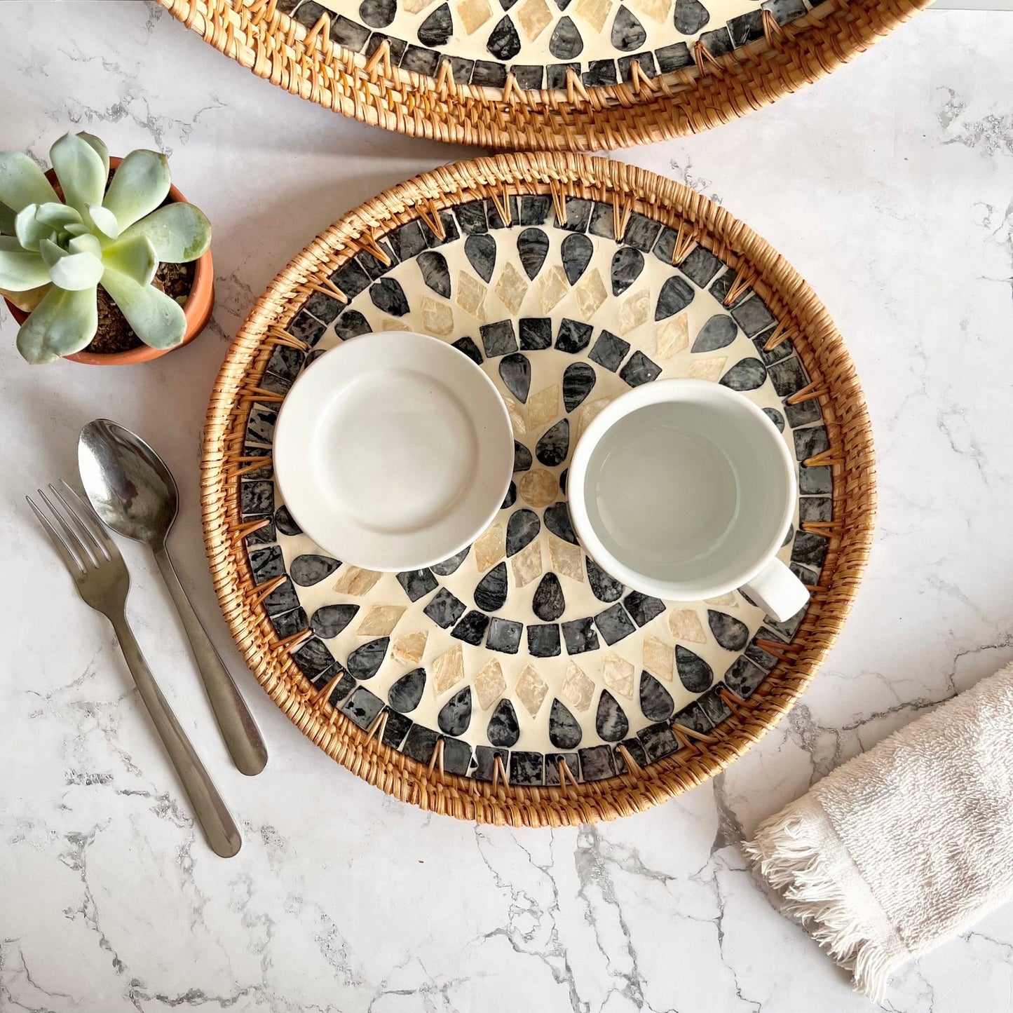 Handwoven Rattan Capiz Shell inlay Round Decorative Tray, Black Mandala PatternBBDecorHouseDiameter 11.8