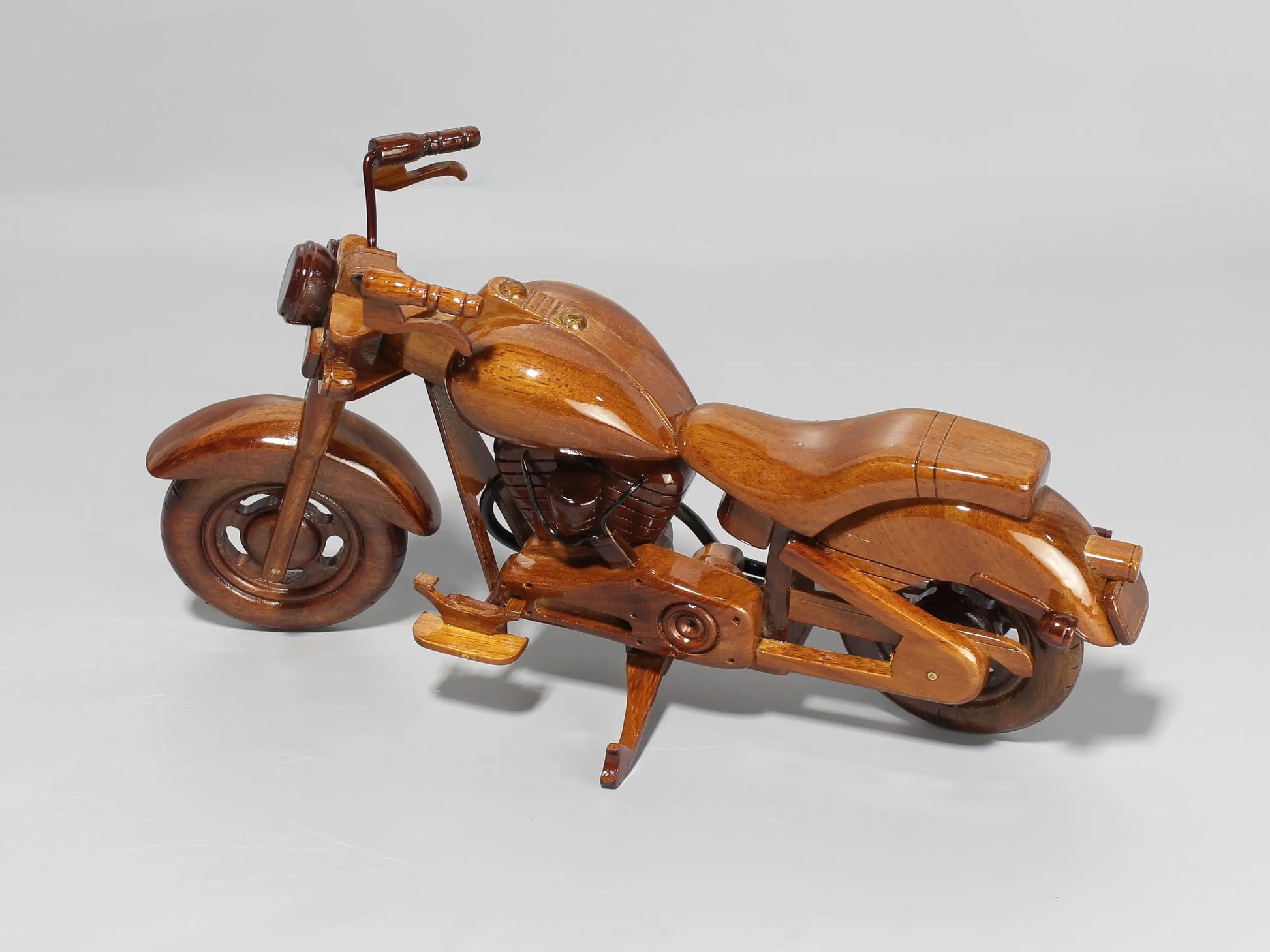 Diagonal left view of Harley FX collectible wood motorcycle