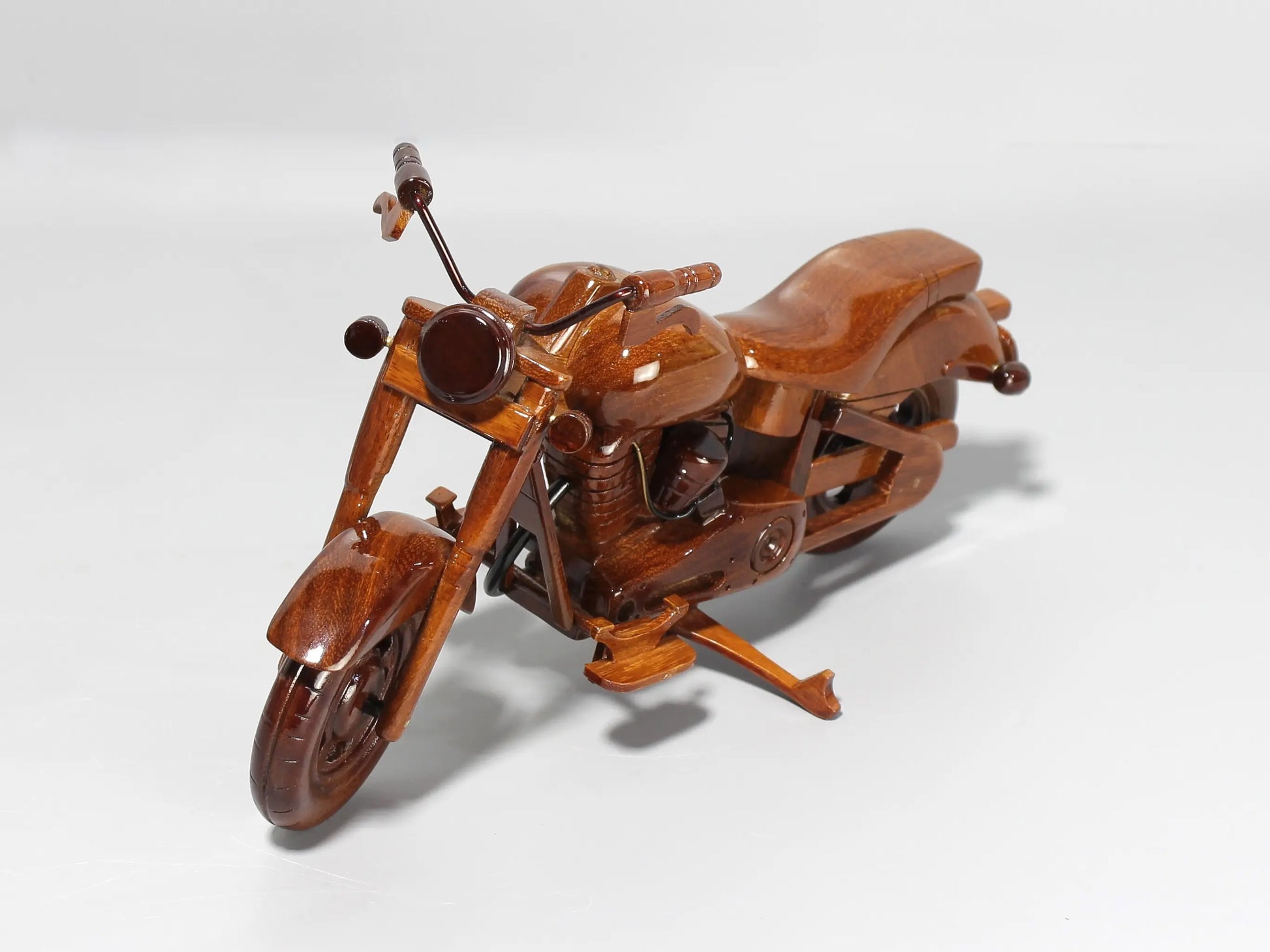 Handmade Harley FX wooden motorcycle model – front angle with fork detail