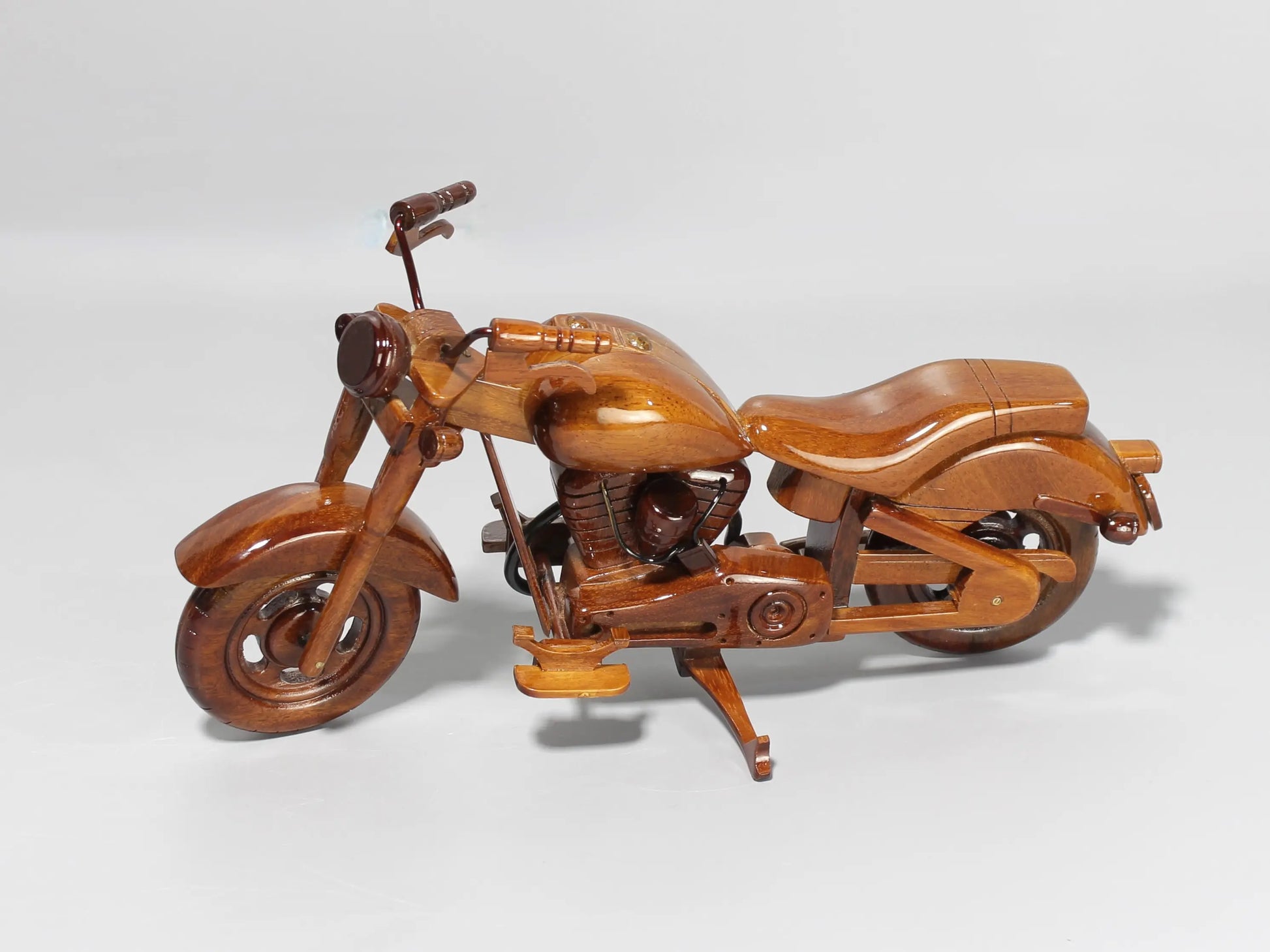 Right view of detailed Harley FX wooden model – vintage cruiser style