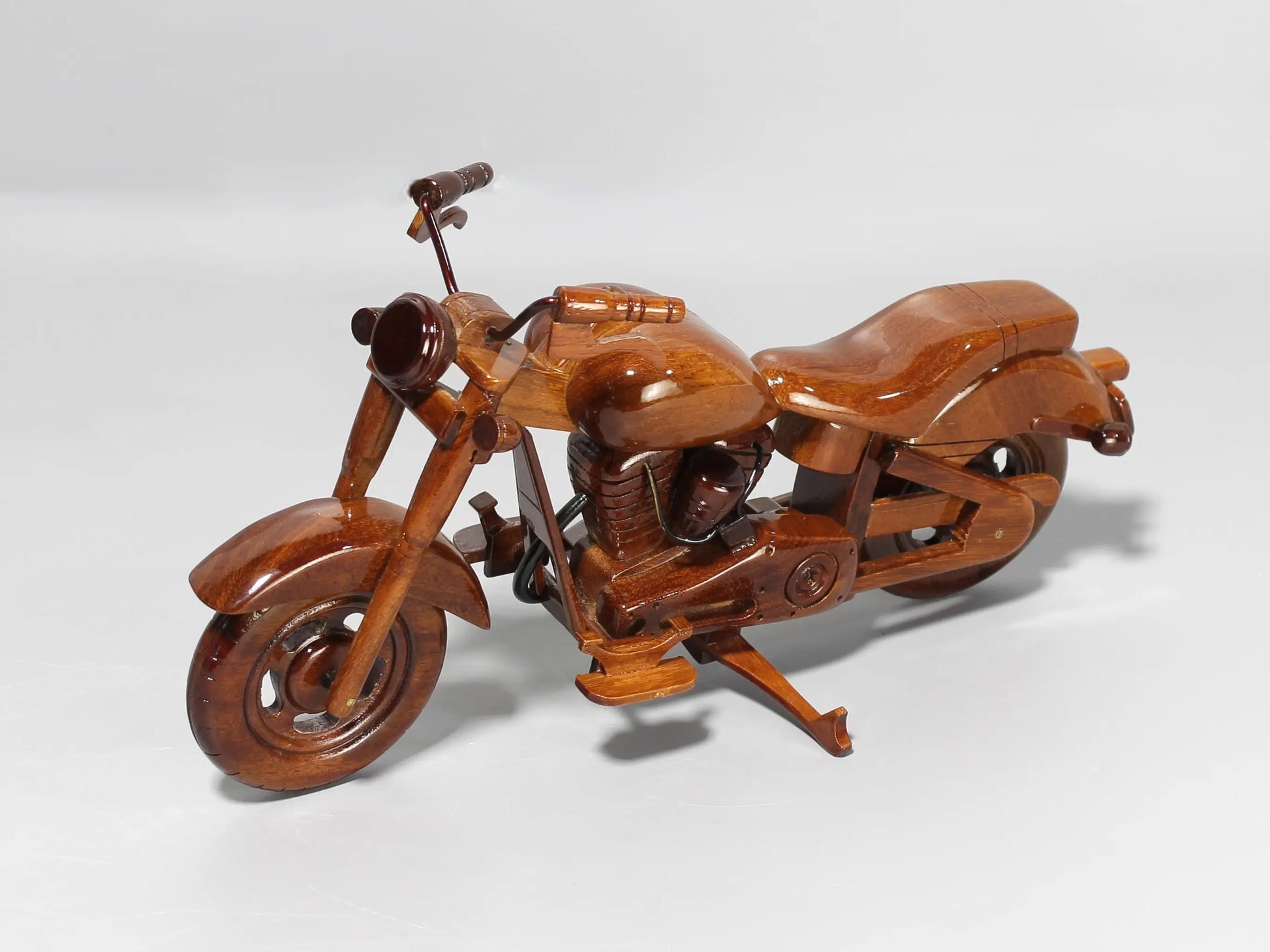 Left profile of Harley FX wood motorbike – handcrafted mahogany model