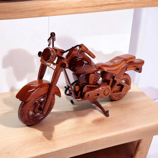 Harley FXST wood model – display on wooden shelf, natural lighting