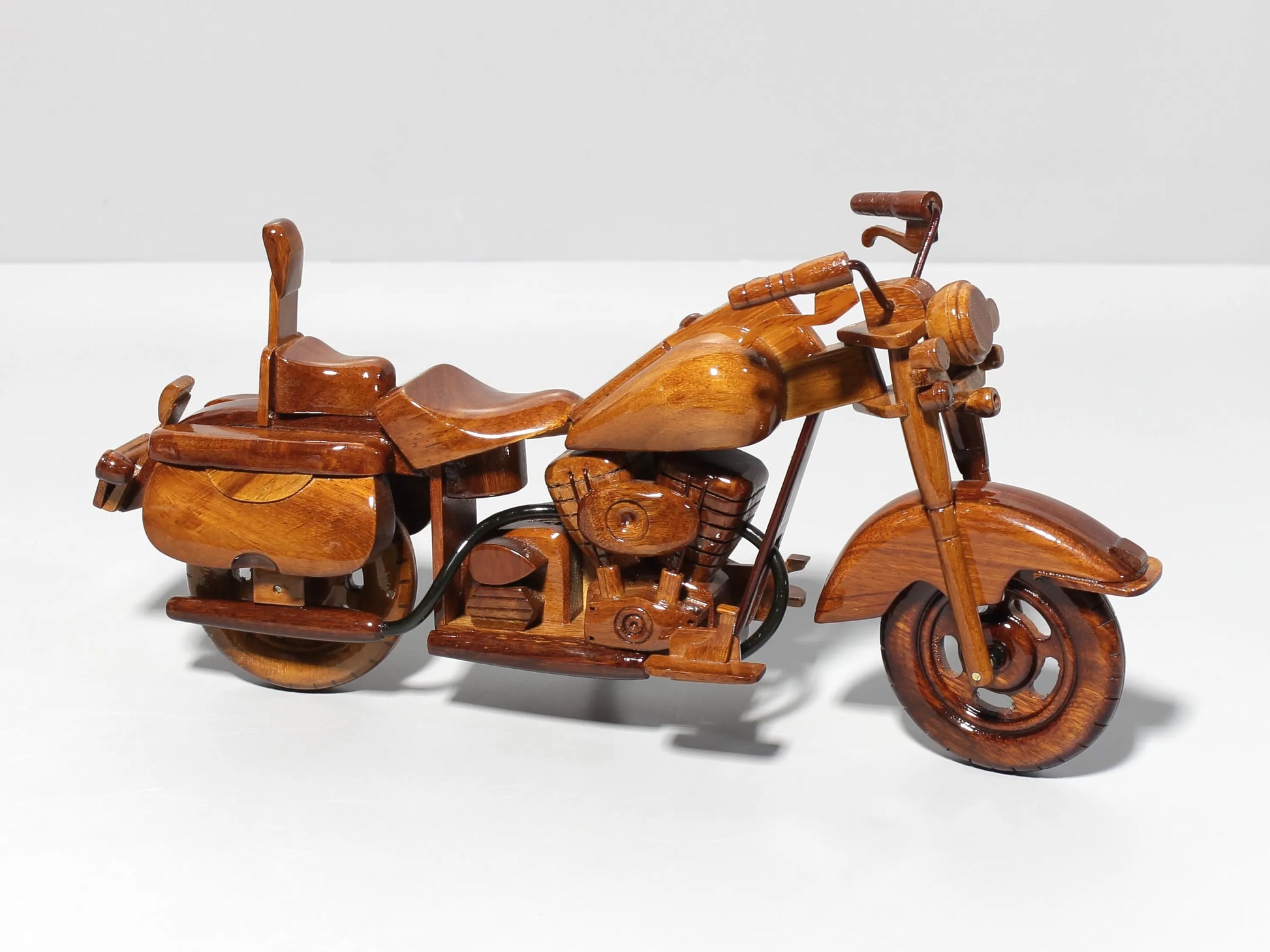 Front diagonal perspective of Heritage Highback mahogany motorcycle