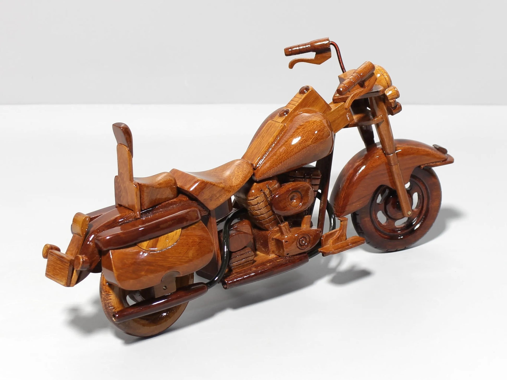Back view of Harley Heritage Highback wood model with saddlebag detail