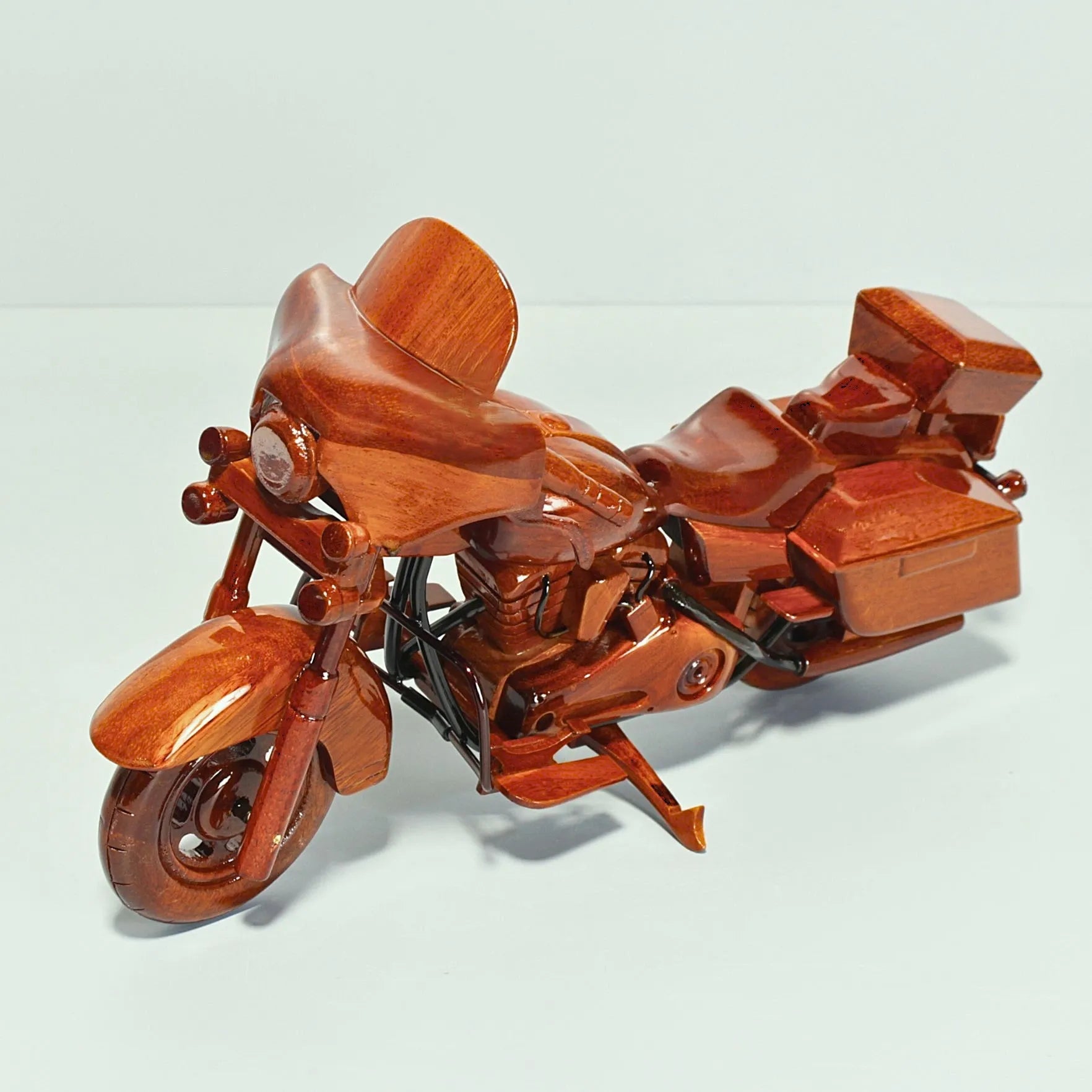 Diagonal front angle of handmade Harley Police wood model – law enforcement collectible