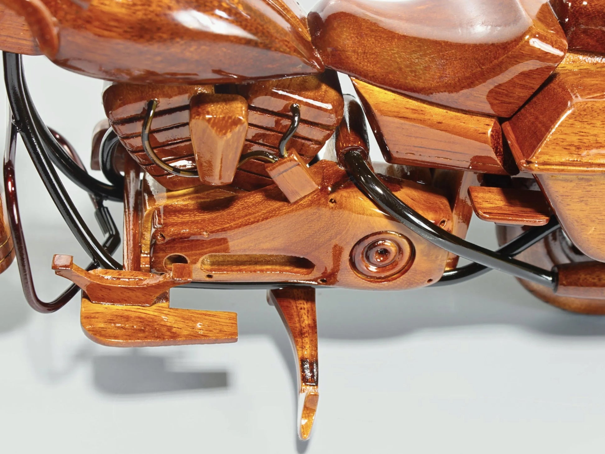 Close-up of Harley Police wood model – functional kickstand and engine details