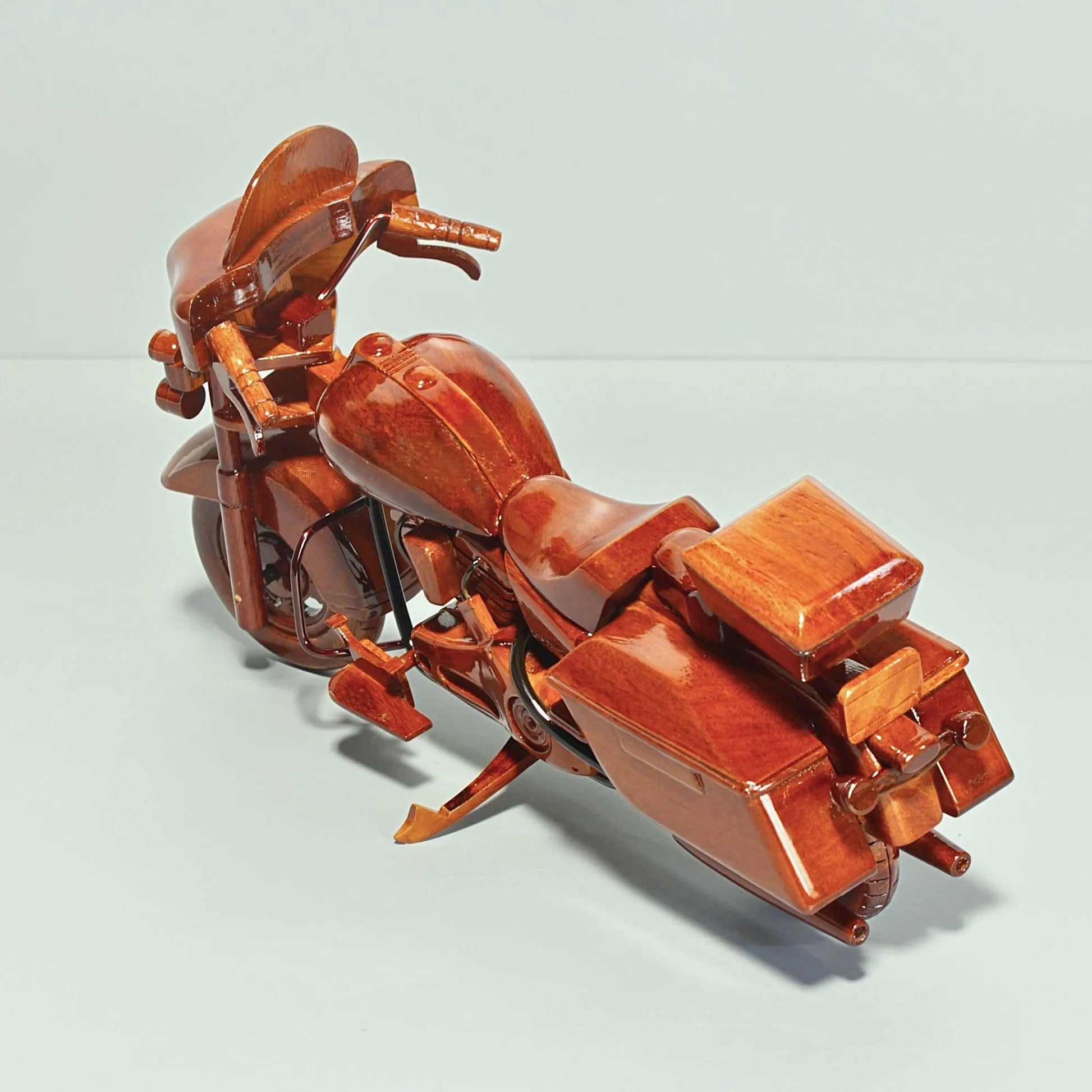 Rear perspective of wooden Harley Police bike – saddle seat and trunk box
