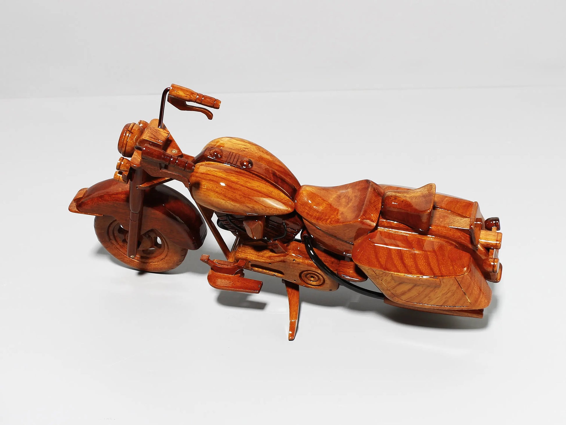 Overhead side angle of handcrafted Harley Road King wood motorcycle model