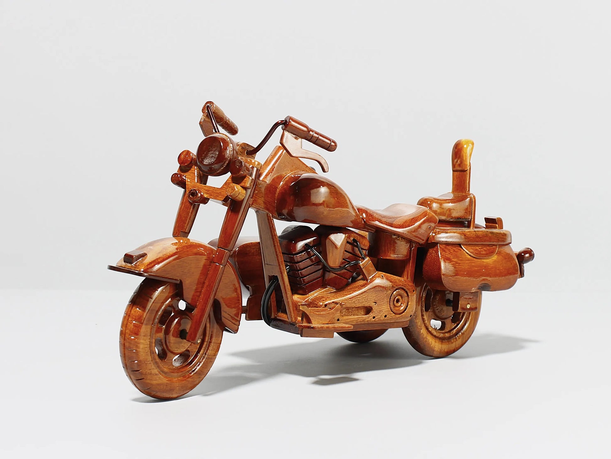 Front left perspective of handcrafted Harley sidecar motorcycle in wood