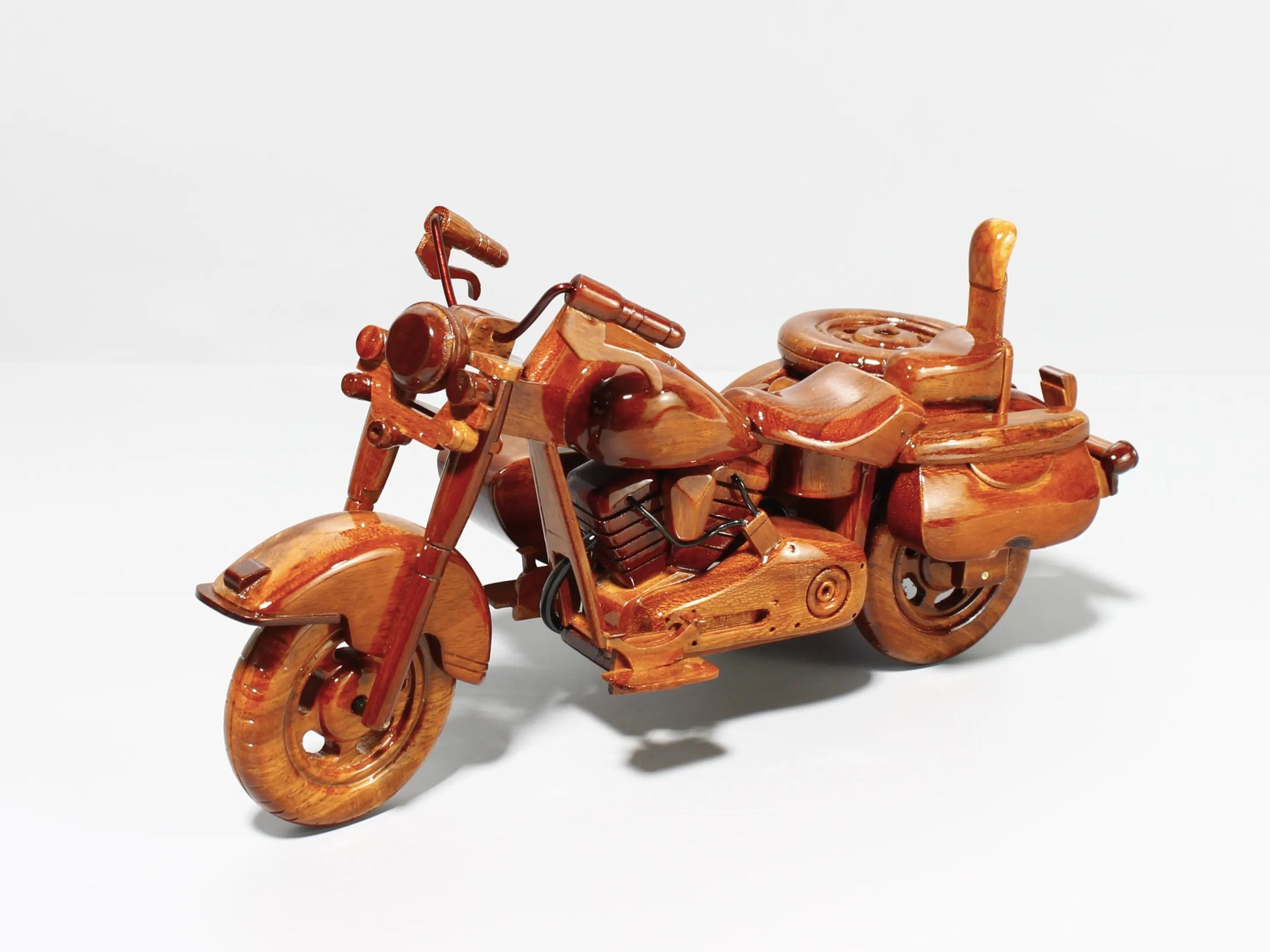 Harley sidecar wooden motorcycle model front angle – handcrafted mahogany 3-wheel display