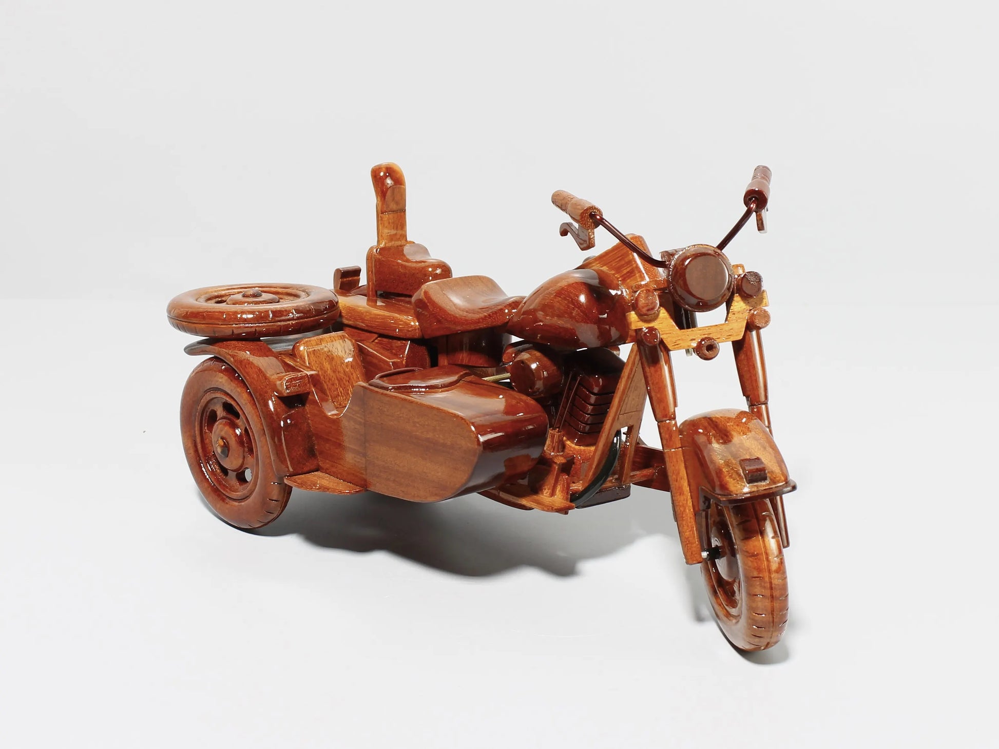Right angled view of Harley sidecar model – wooden collectible with sidecar