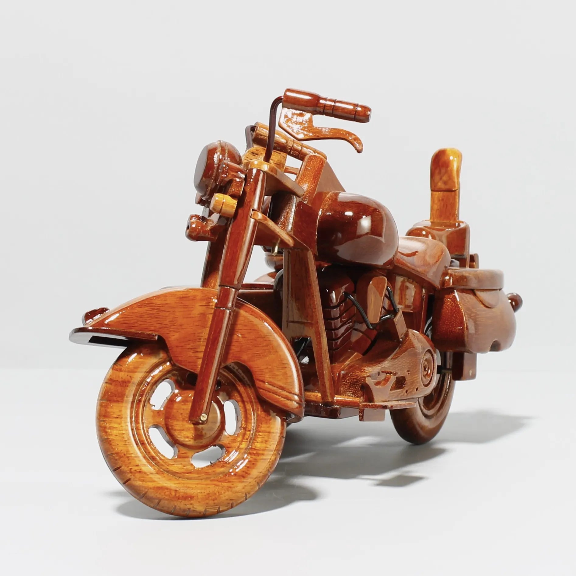 Front view of wooden Harley-Davidson sidecar replica – mahogany finish