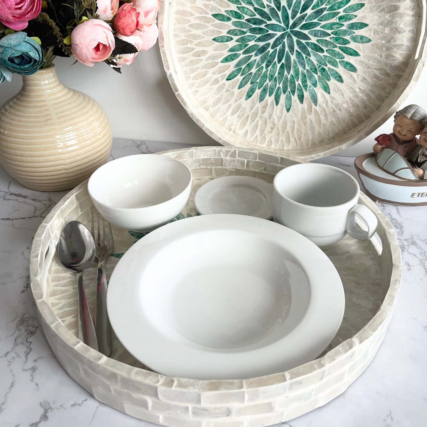 White Mother of pearl inlay round tray with green floral pattern