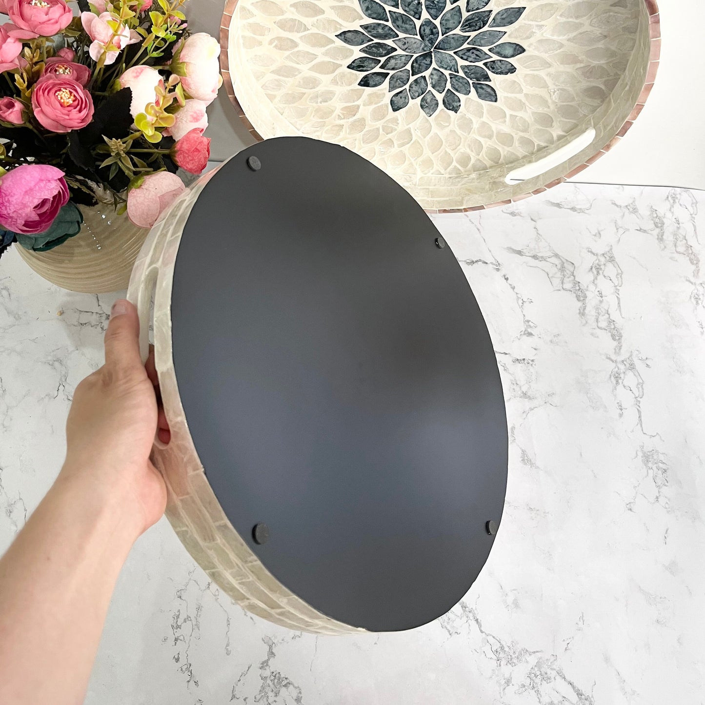 White mother of pearl inlay round tray with black floral pattern